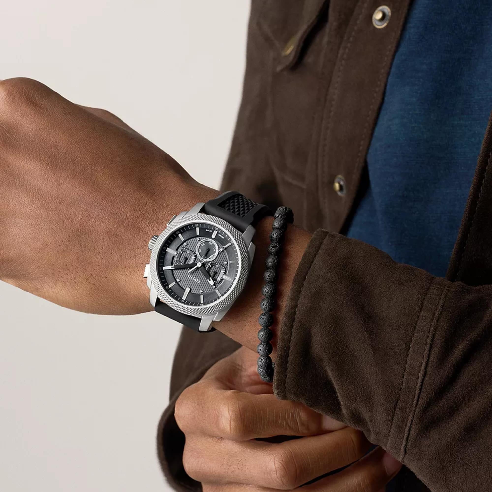 Fossil Machine 44mm Chronograph Grey Dial Silicone Mens Quartz Watch FS6145SET