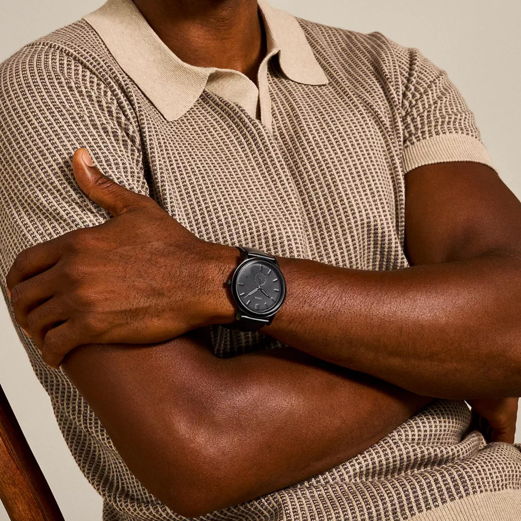 Fossil Minimalist 44mm Small Seconds Black Dial Leather Mens Quartz Watch FS5447