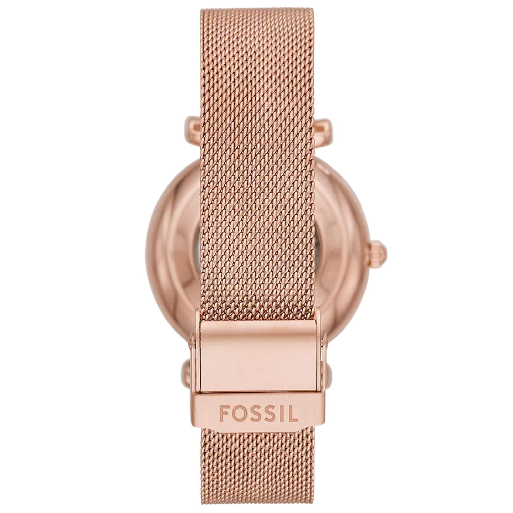 Fossil Carlie 35mm Skeleton Rose Gold Dial Steel Ladies Automatic Watch ME3175