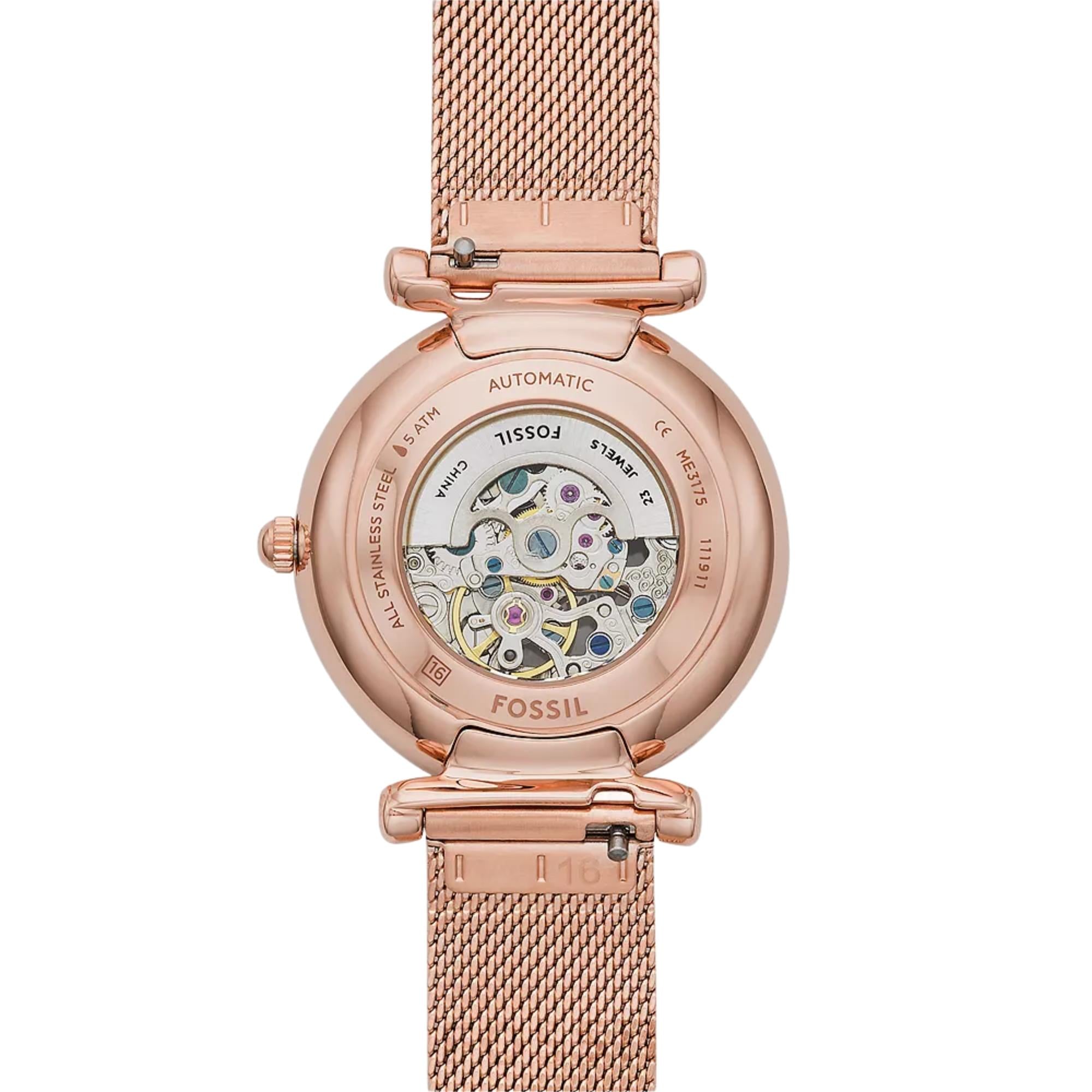 Fossil Carlie 35mm Skeleton Rose Gold Dial Steel Ladies Automatic Watch ME3175