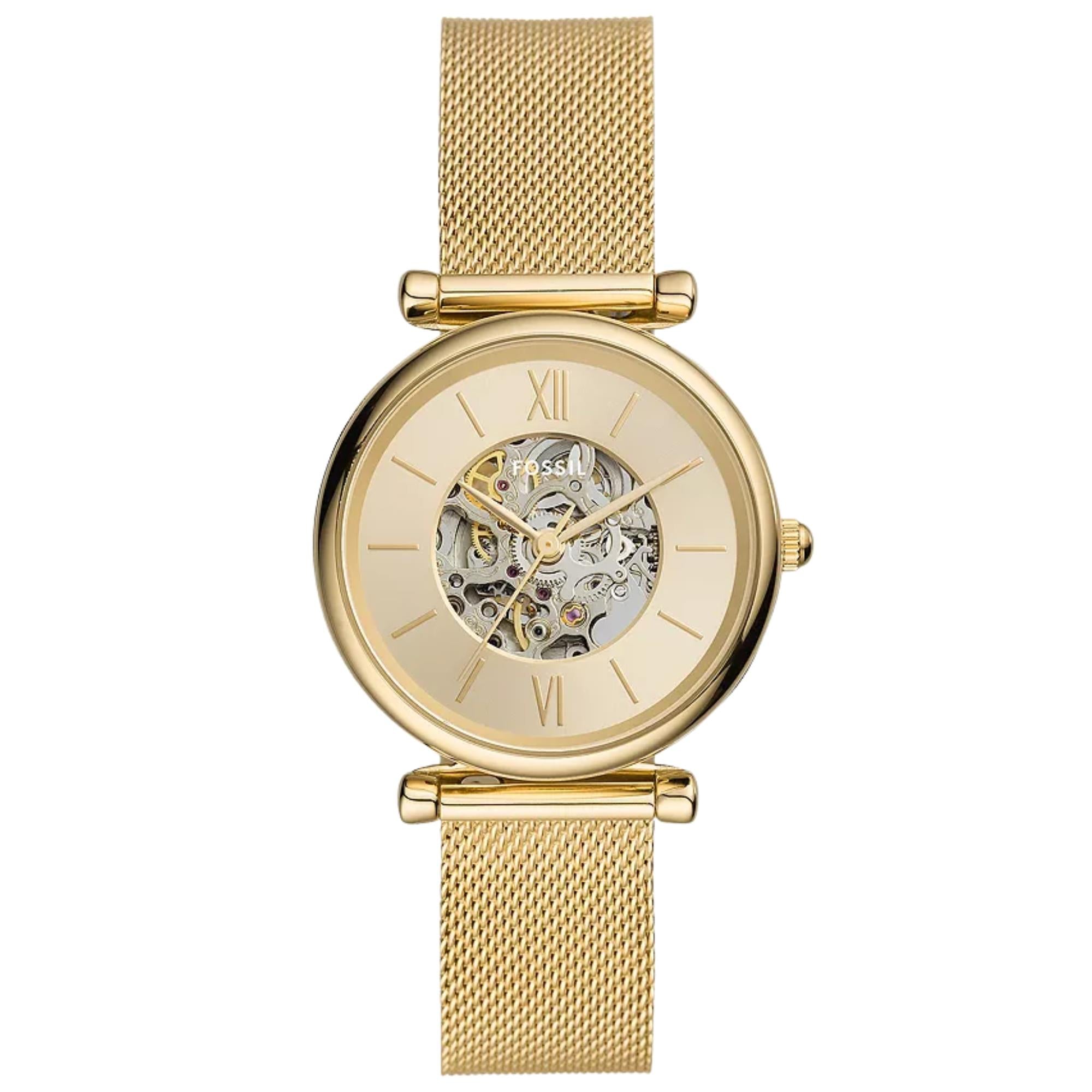 Fossil Carlie 35mm Skeleton Gold Dial Steel Ladies Automatic Watch ME3250