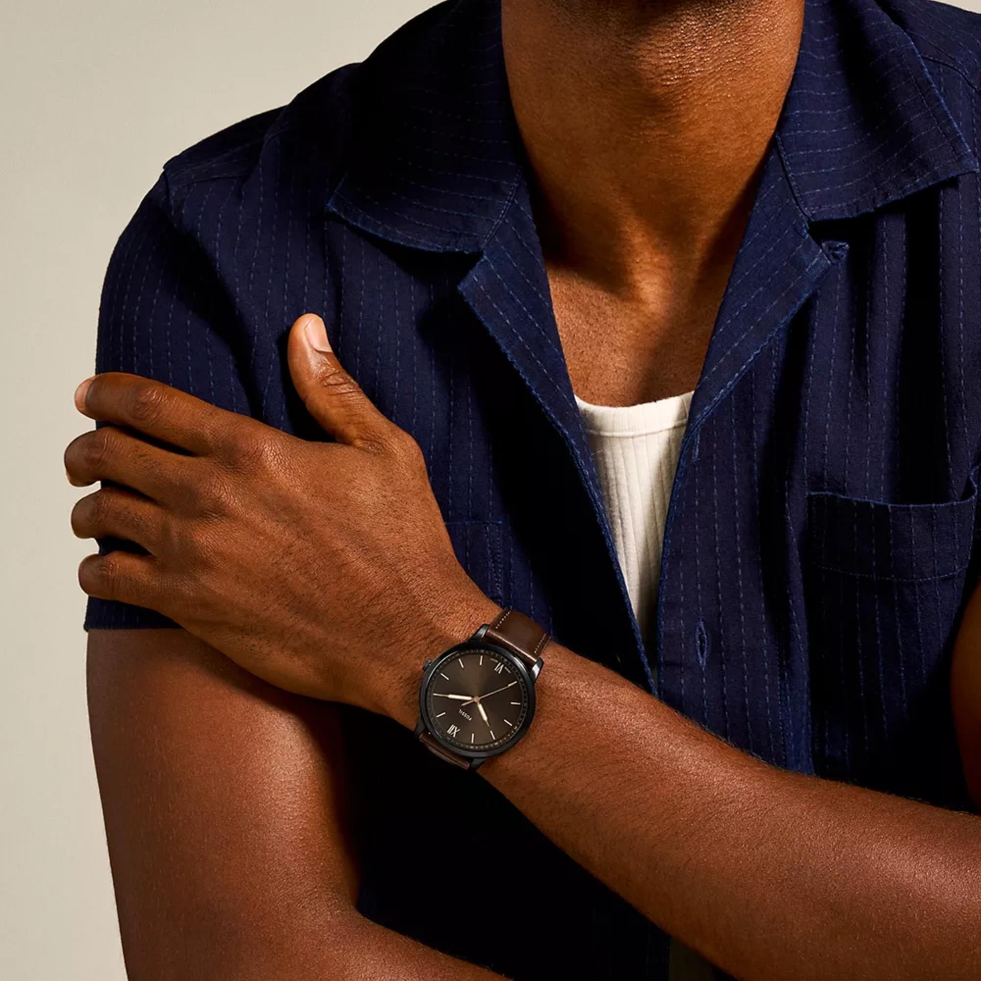 Fossil Minimalist 44mm Black Dial Leather Mens Quartz Watch FS5551