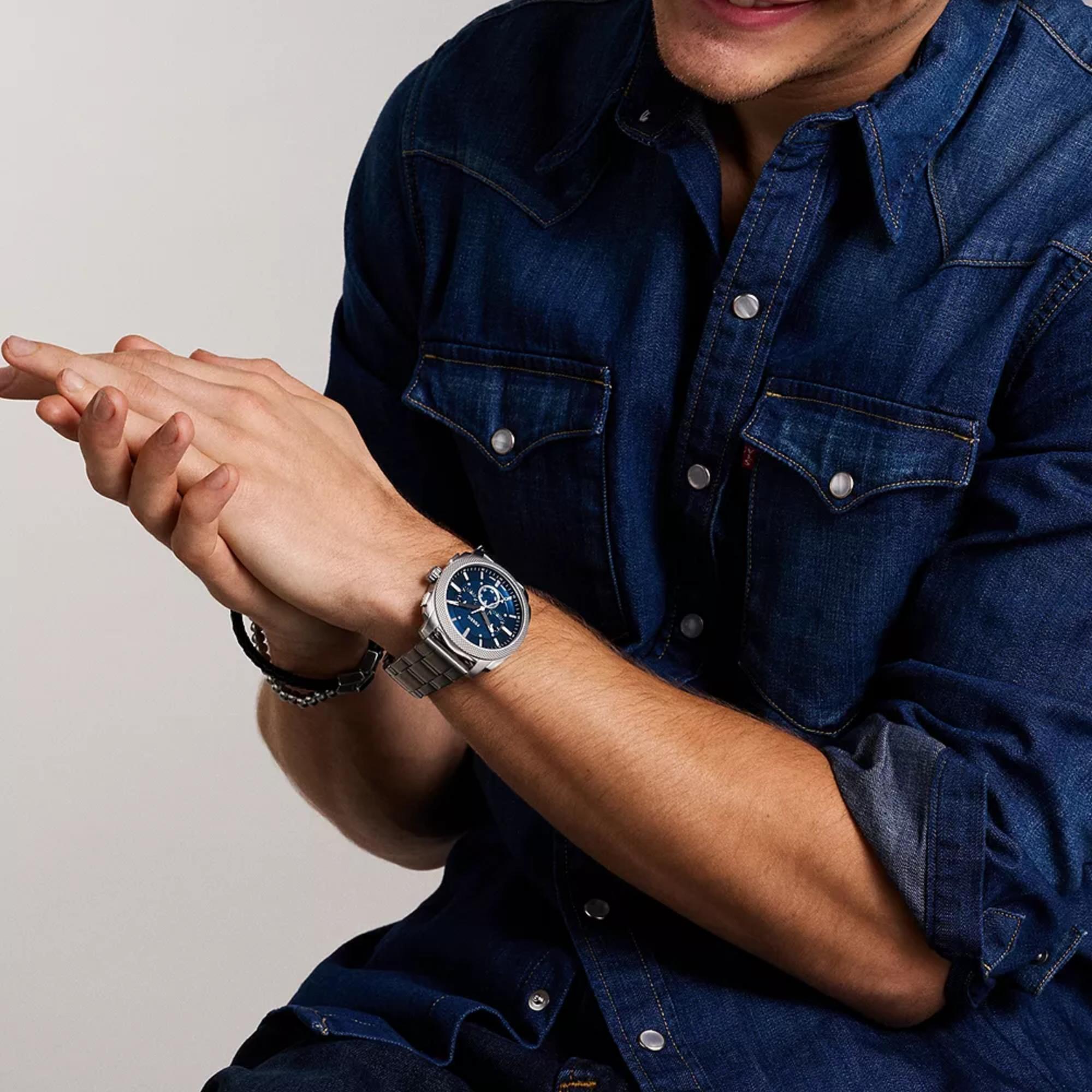 Fossil Machine 44mm Chronograph Blue Dial Steel Mens Quartz Watch FS6096