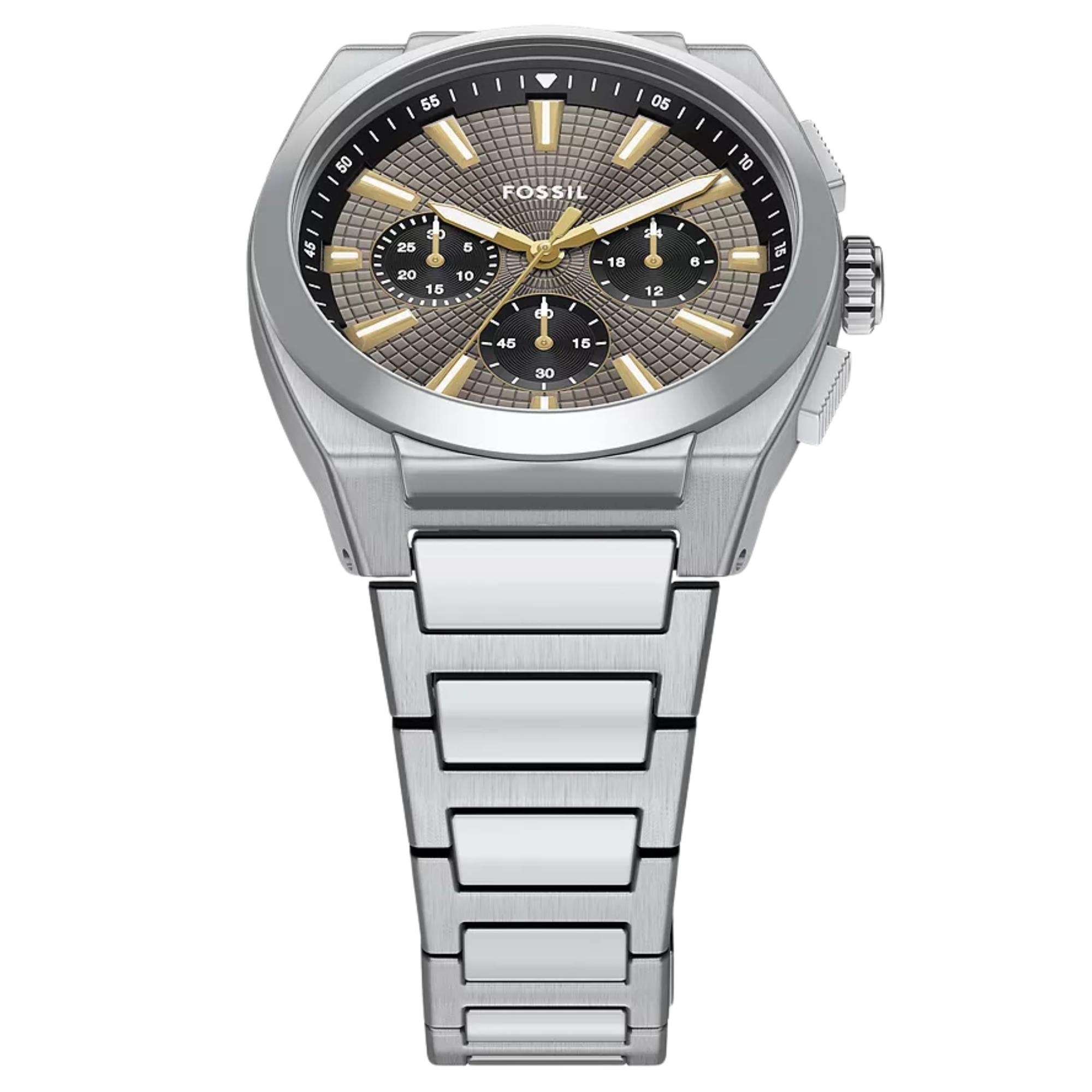 Fossil Everett 44mm Chronograph Gray Dial Steel Mens Quartz Watch FS6128