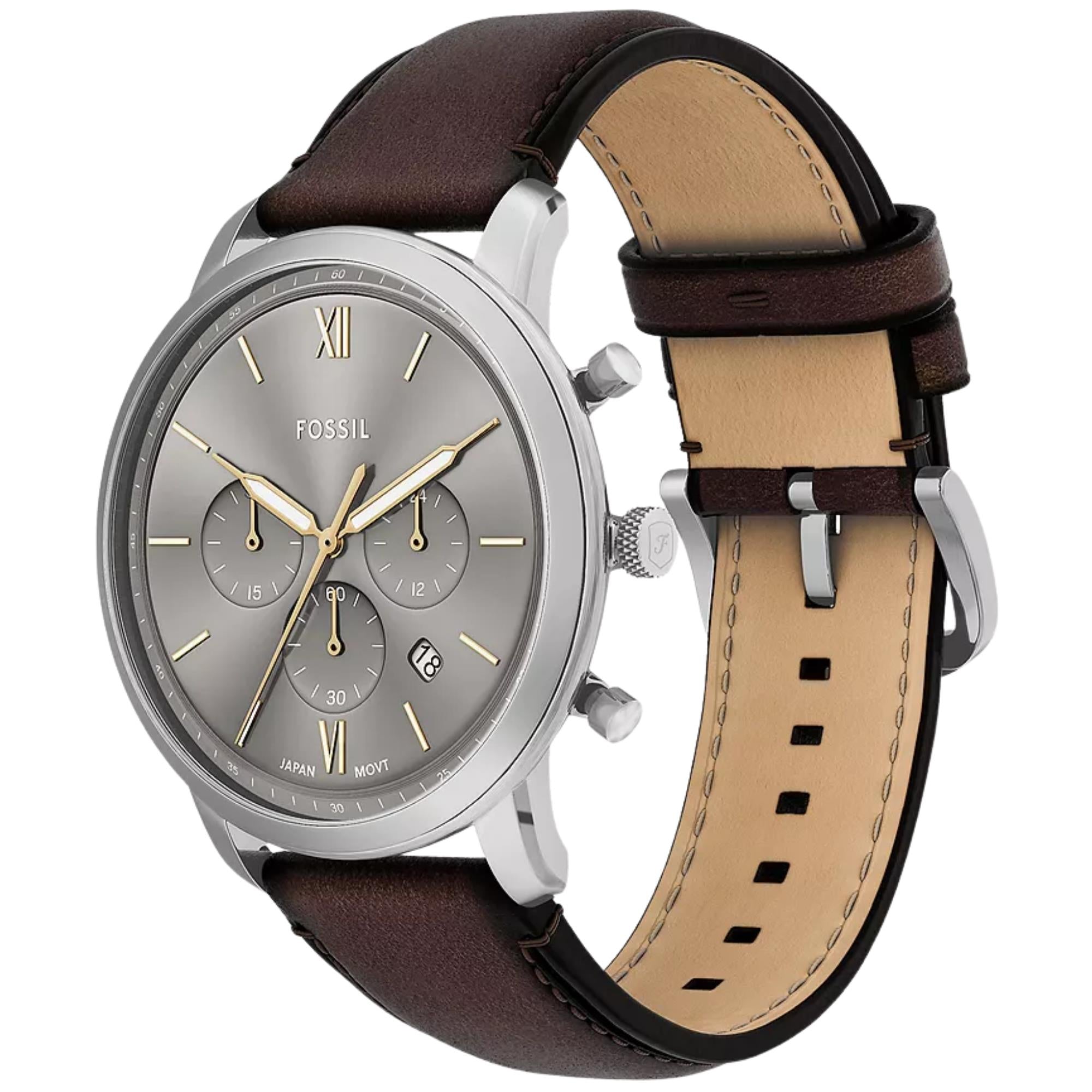 Fossil Neutra 44mm Chronograph Gray Dial Leather Mens Quartz Watch FS6129