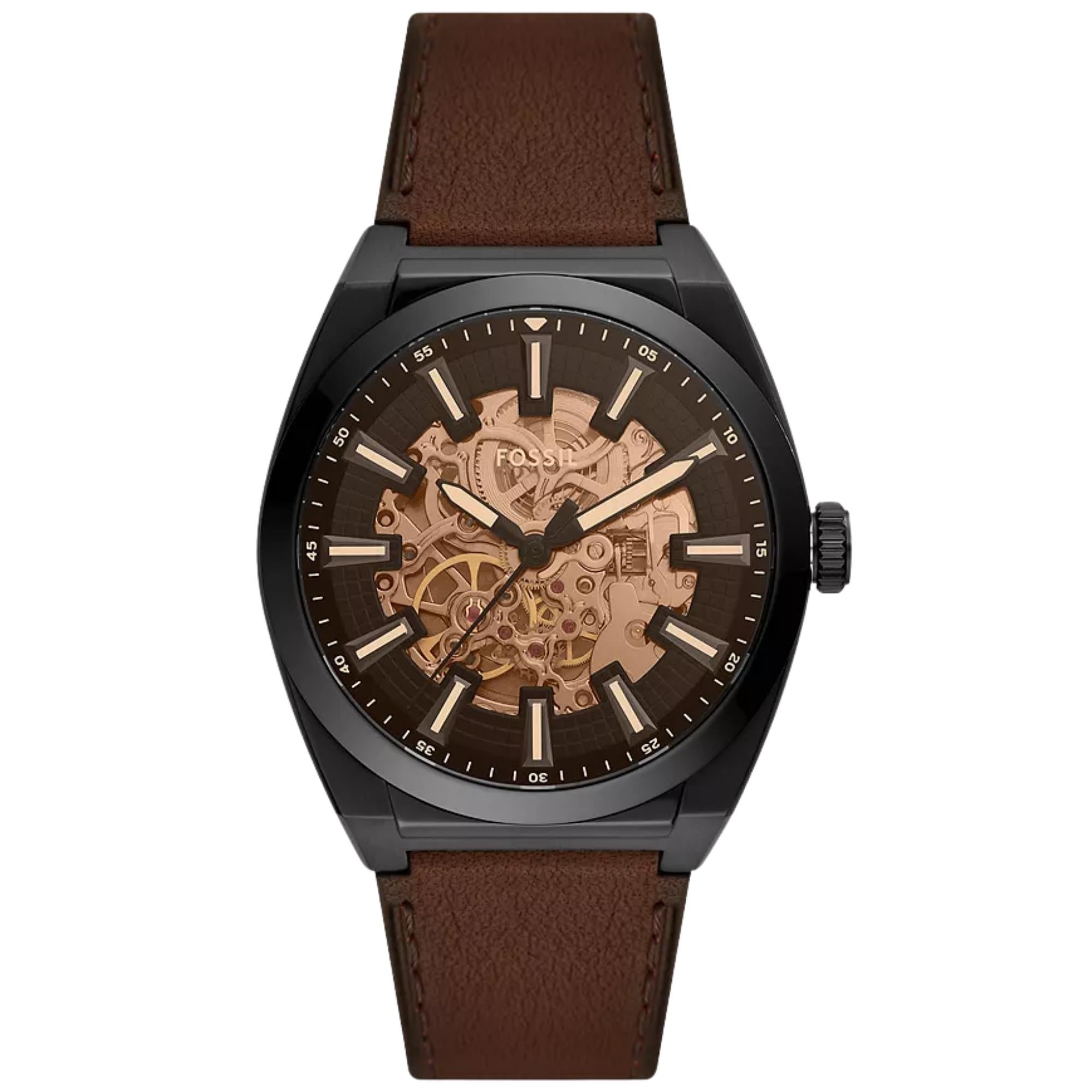 Fossil Everett 42mm Skeleton Black Dial Leather Mens Automatic Watch ME3207
