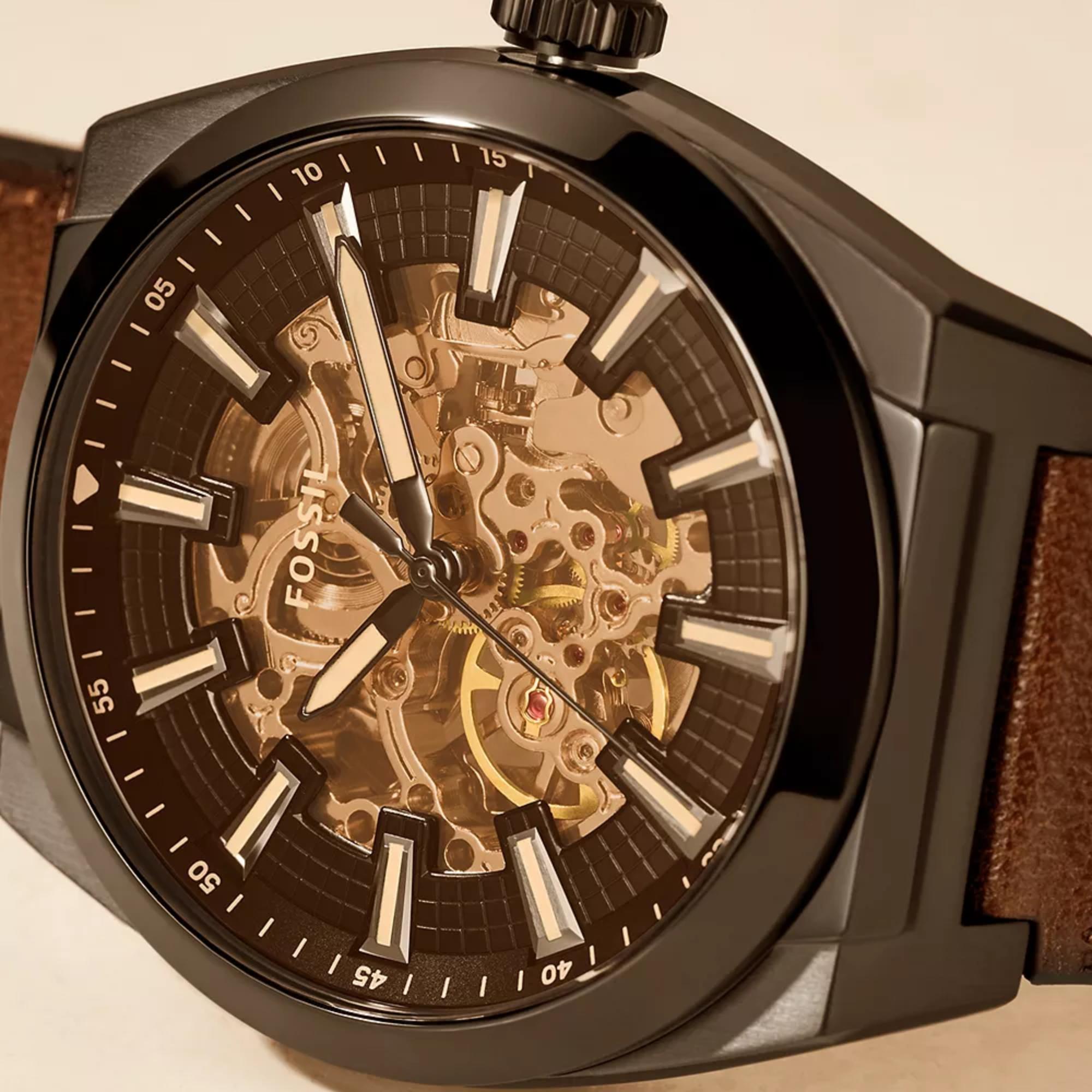Fossil Everett 42mm Skeleton Black Dial Leather Mens Automatic Watch ME3207
