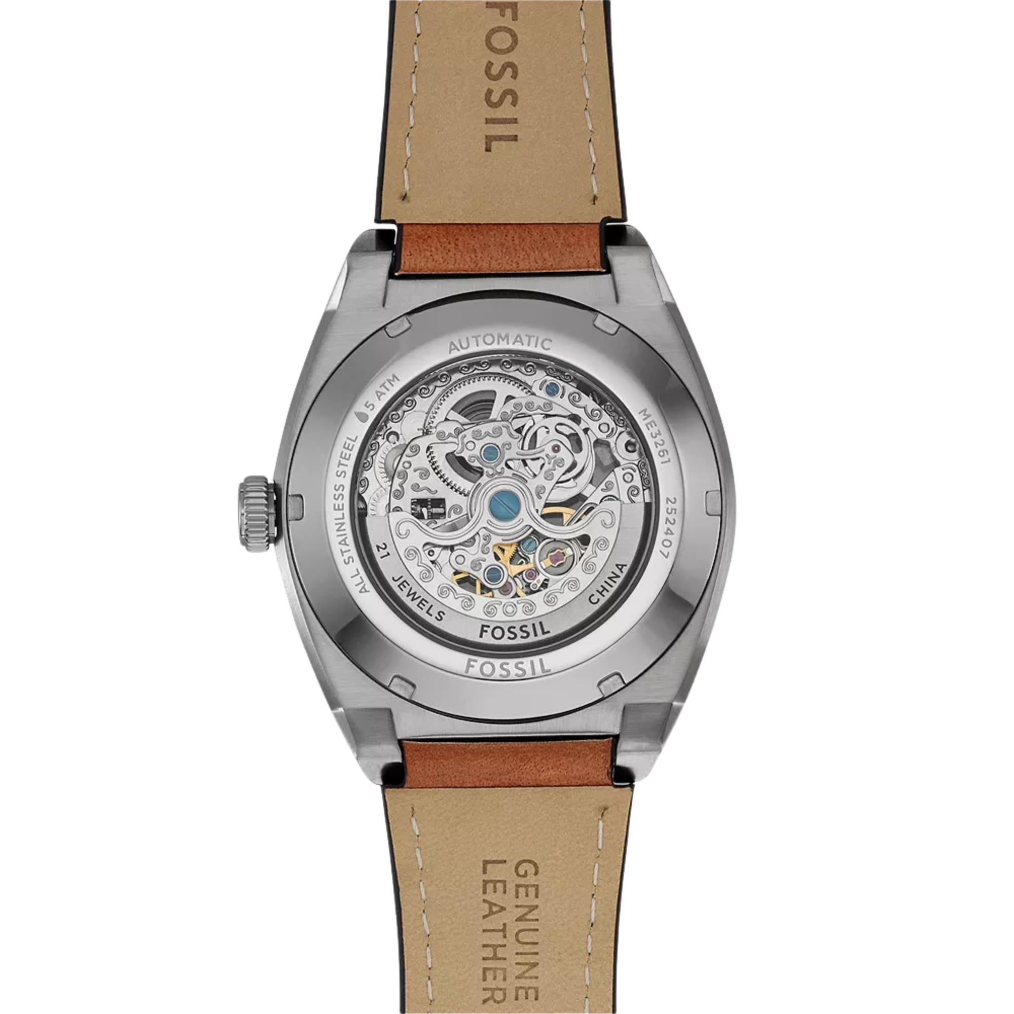 Fossil Everett 42mm Skeleton Green Dial Leather Mens Automatic Watch ME3261