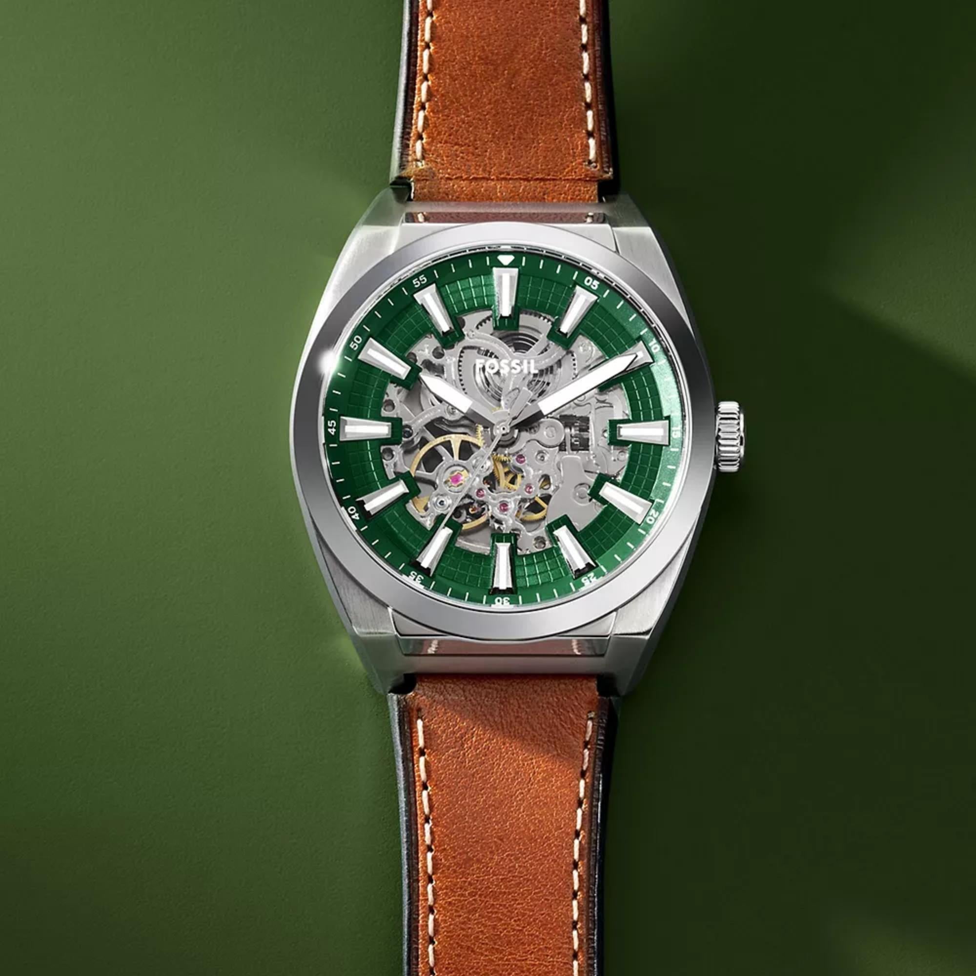 Fossil Everett 42mm Skeleton Green Dial Leather Mens Automatic Watch ME3261