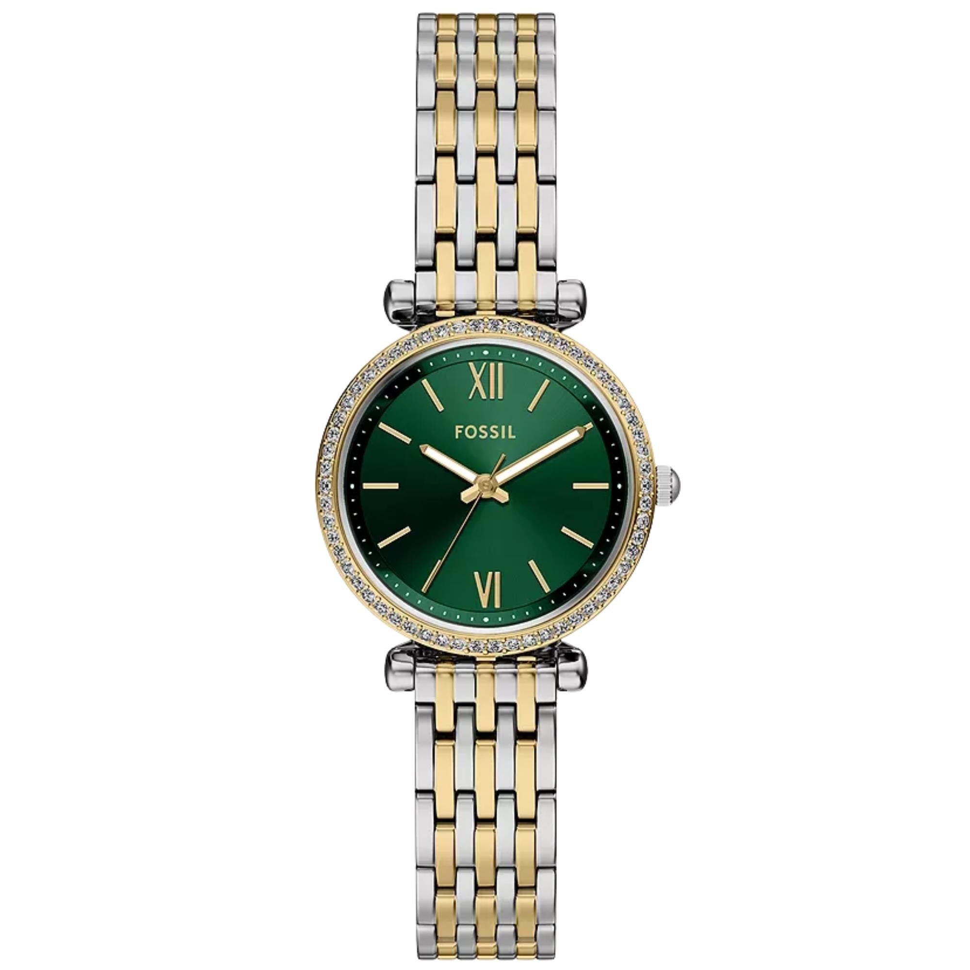 Fossil Carlie 28mm Green Dial Steel Ladies Quartz Watch ES5439