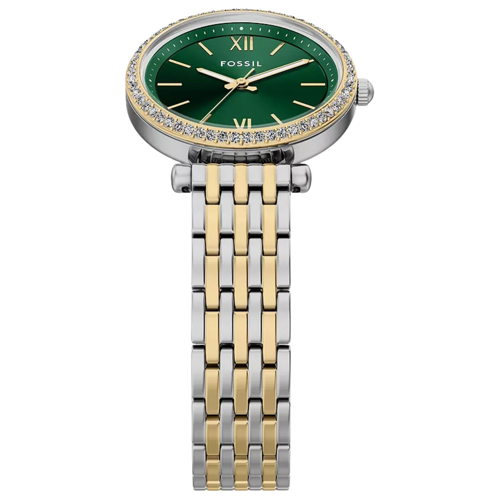 Fossil Carlie 28mm Green Dial Steel Ladies Quartz Watch ES5439