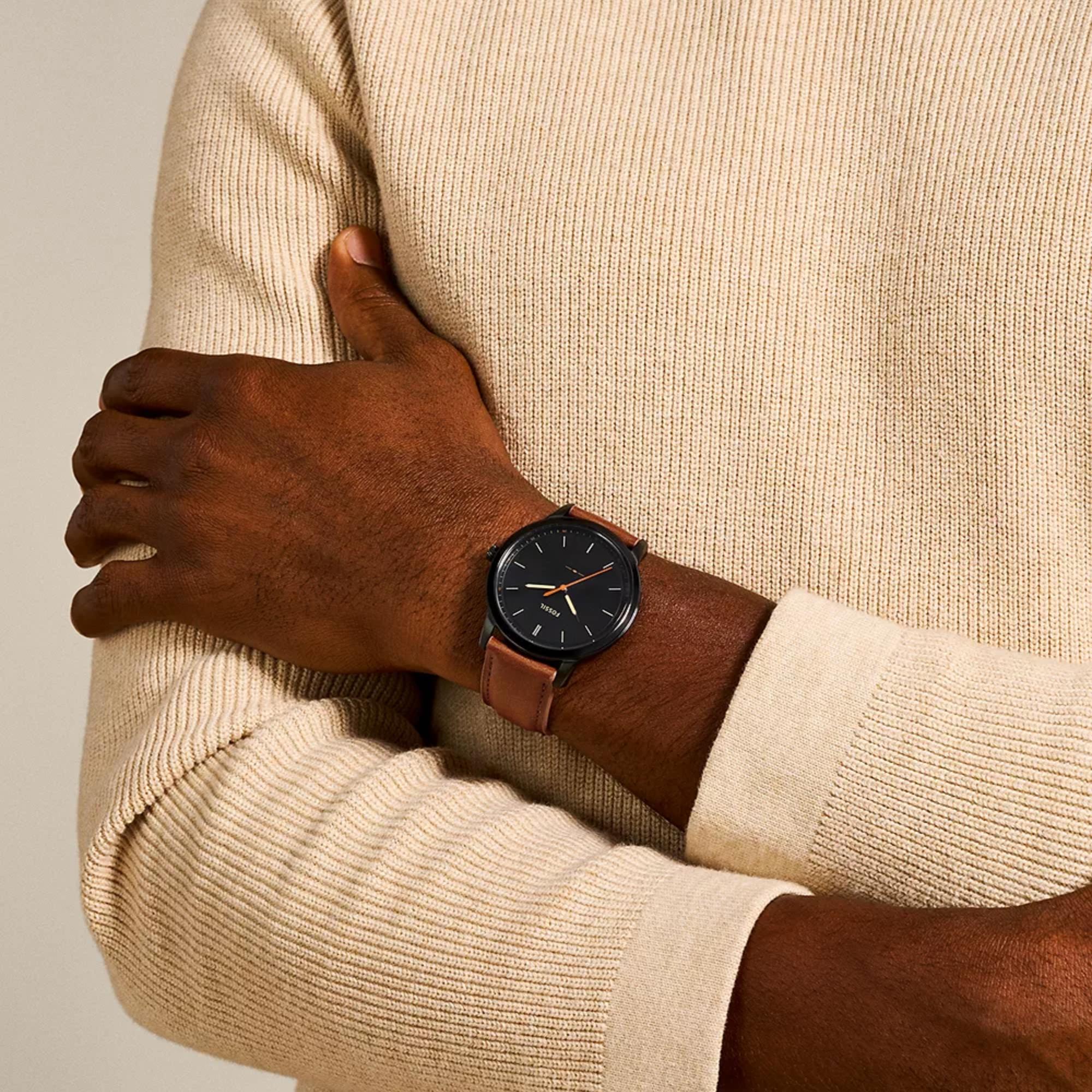 Fossil Minimalist 44mm Black Dial Leather Mens Quartz Watch FS5305