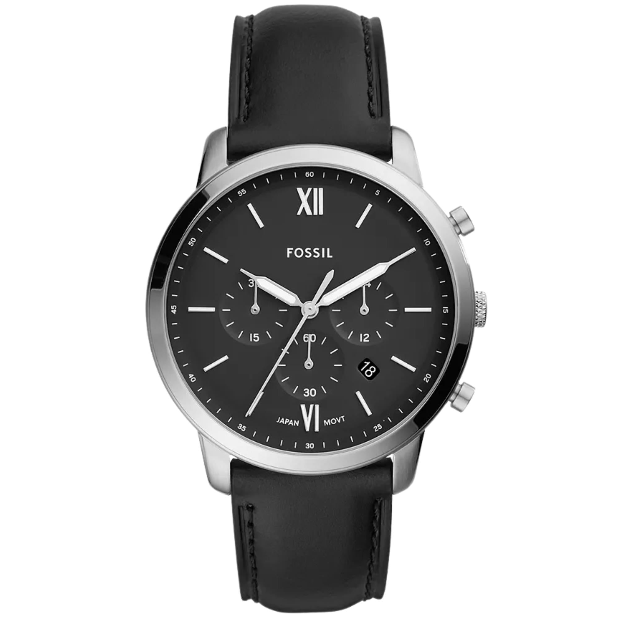 Fossil Neutra 44mm Chronograph Black Dial Leather Mens Quartz Watch FS5452