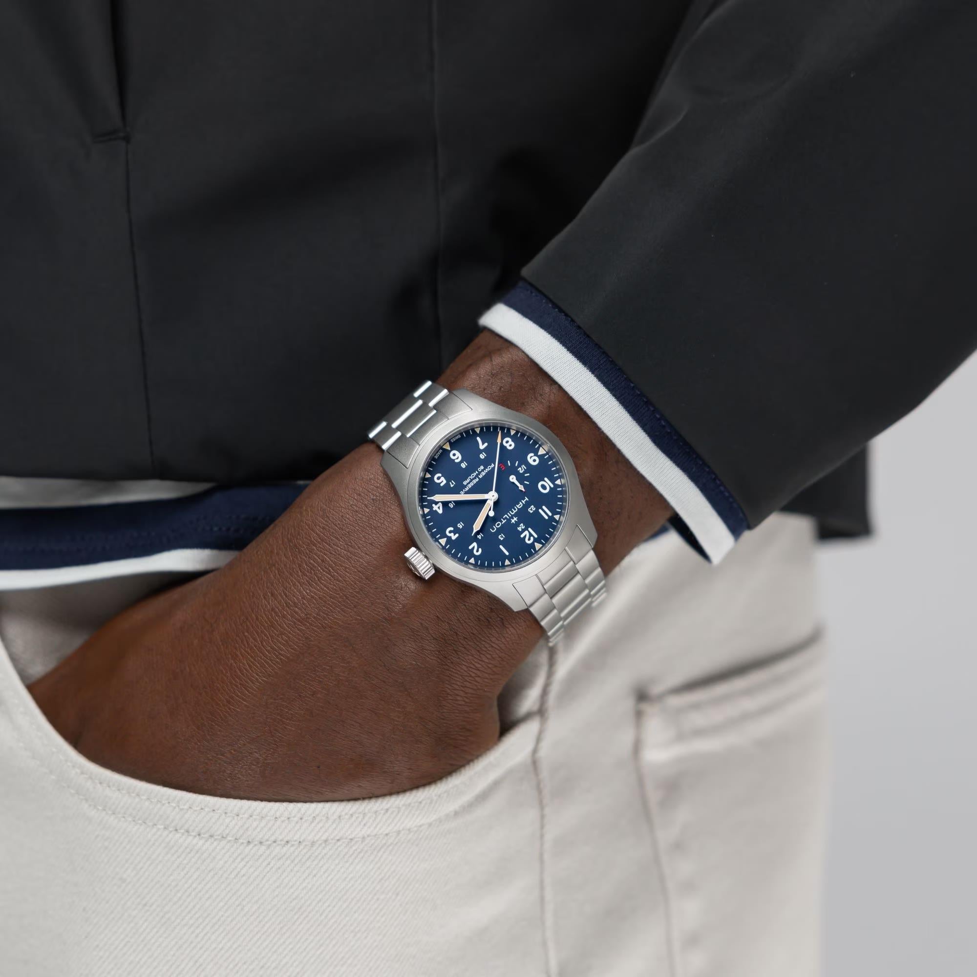 Hamilton Khaki Field 40mm Power Reserve Blue Dial Steel Mens Manual-Wind Watch H69509140