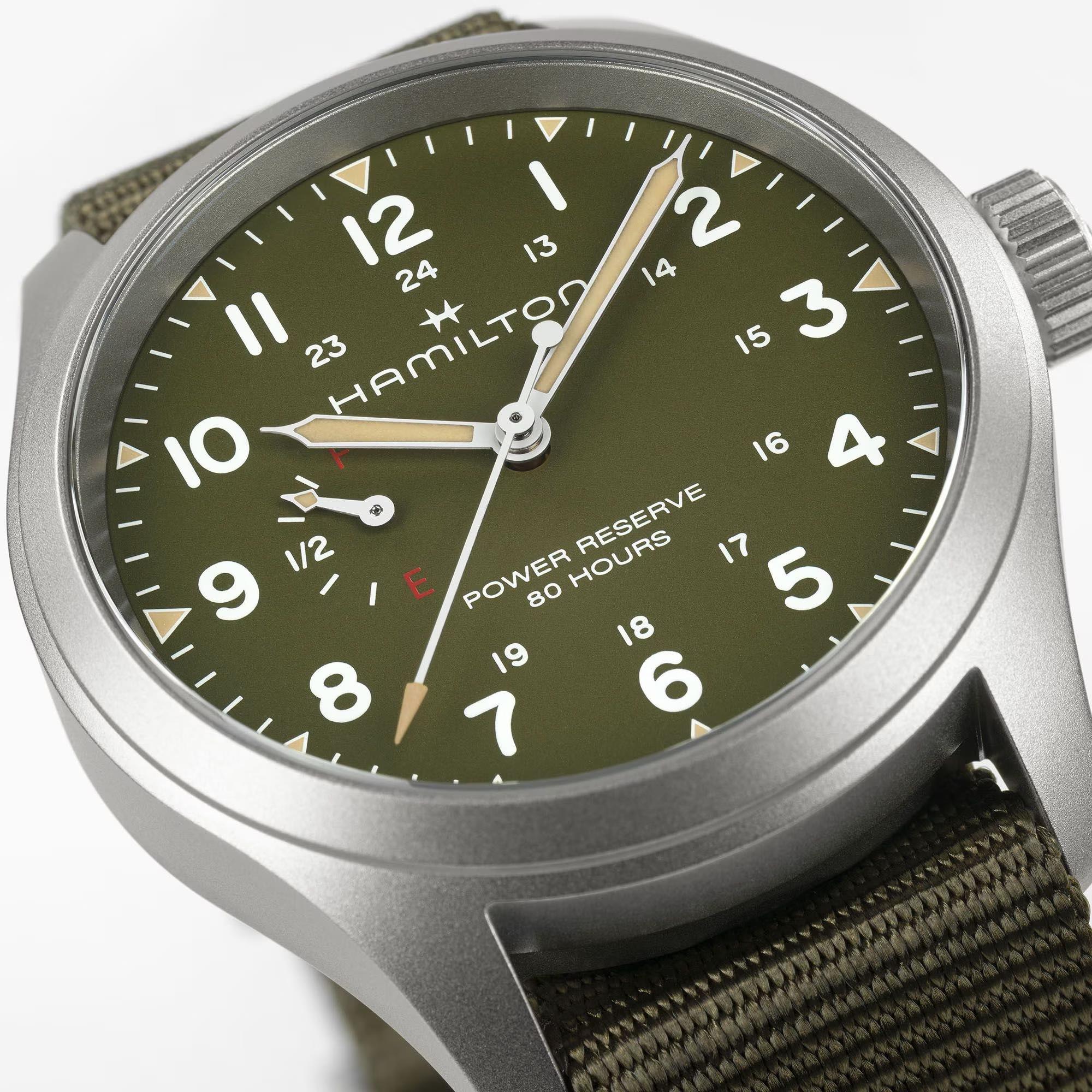 Hamilton Khaki Field 40mm Power Reserve Green Dial NATO Mens Manual-Wind Watch H69509960