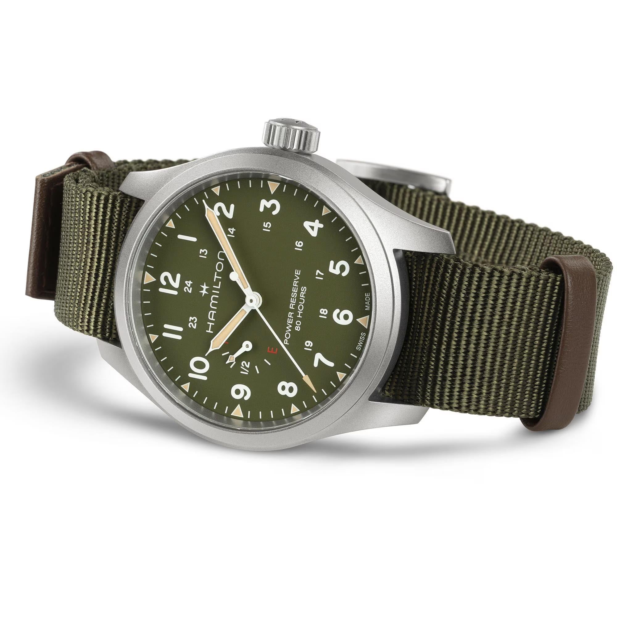 Hamilton Khaki Field 40mm Power Reserve Green Dial NATO Mens Manual-Wind Watch H69509960