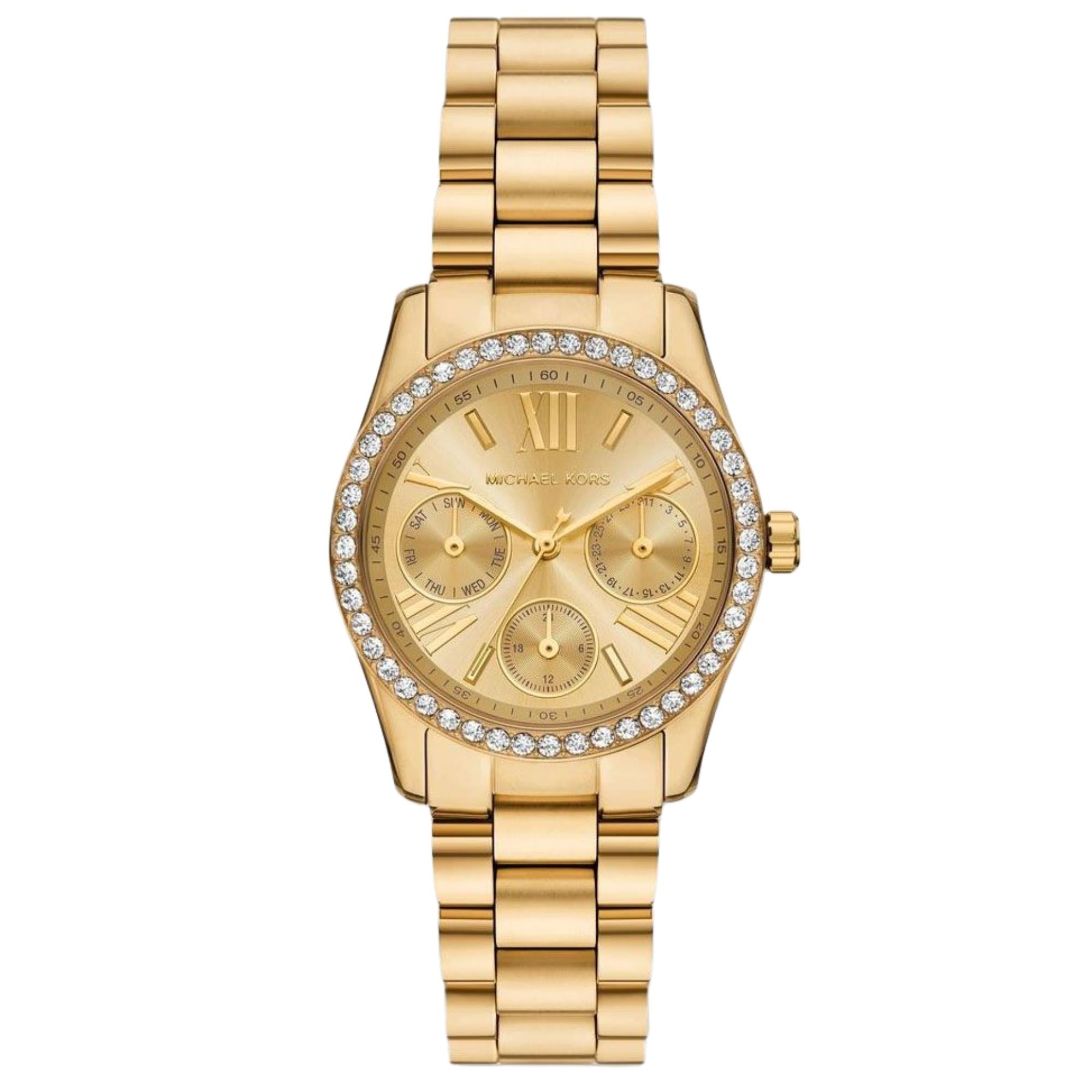 Michael Kors Lexington 34mm Chronograph Gold Dial Steel Ladies Quartz Watch MK4982