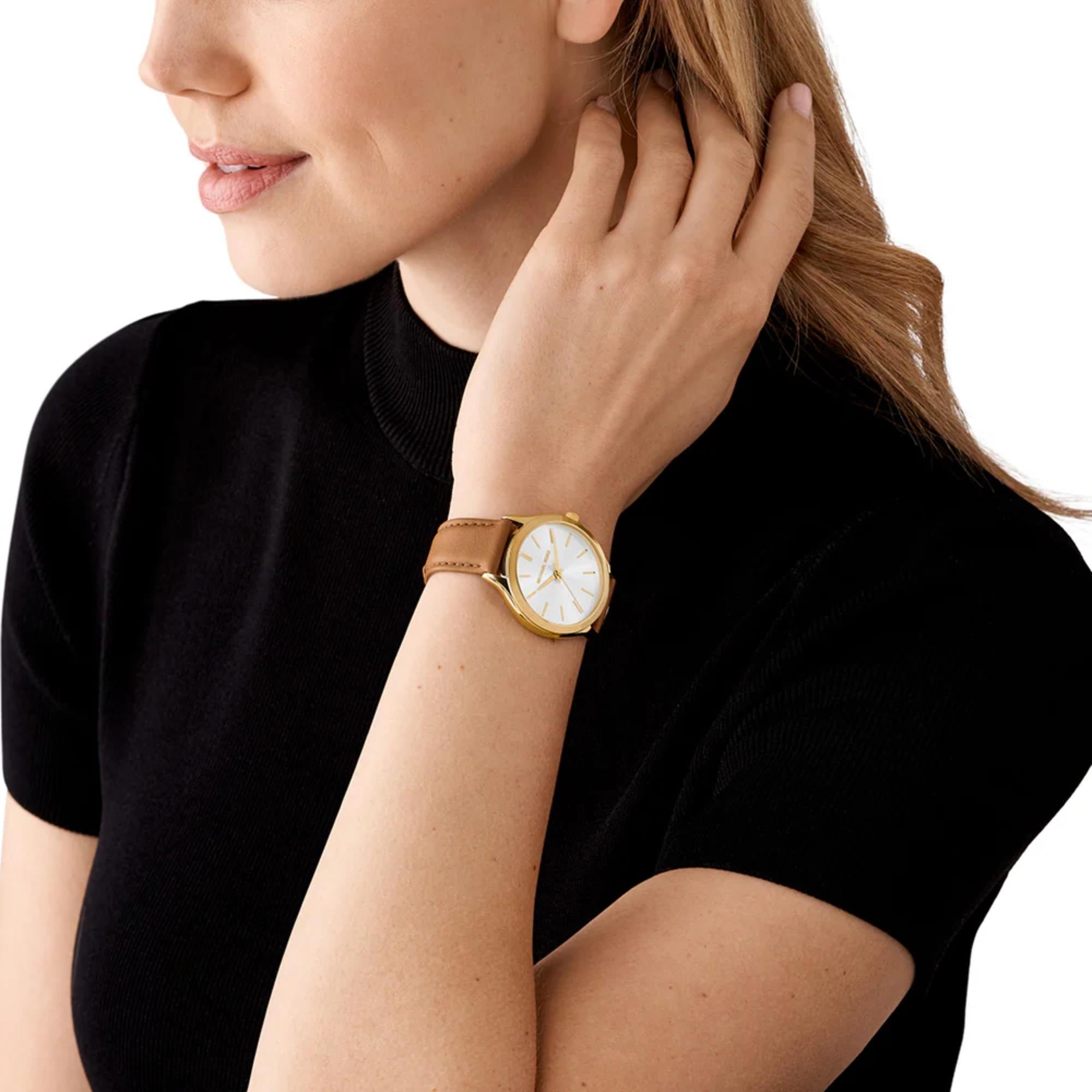 Michael Kors Slim Runway 38mm White Sunray Dial Leather Ladies Quartz Watch MK7543