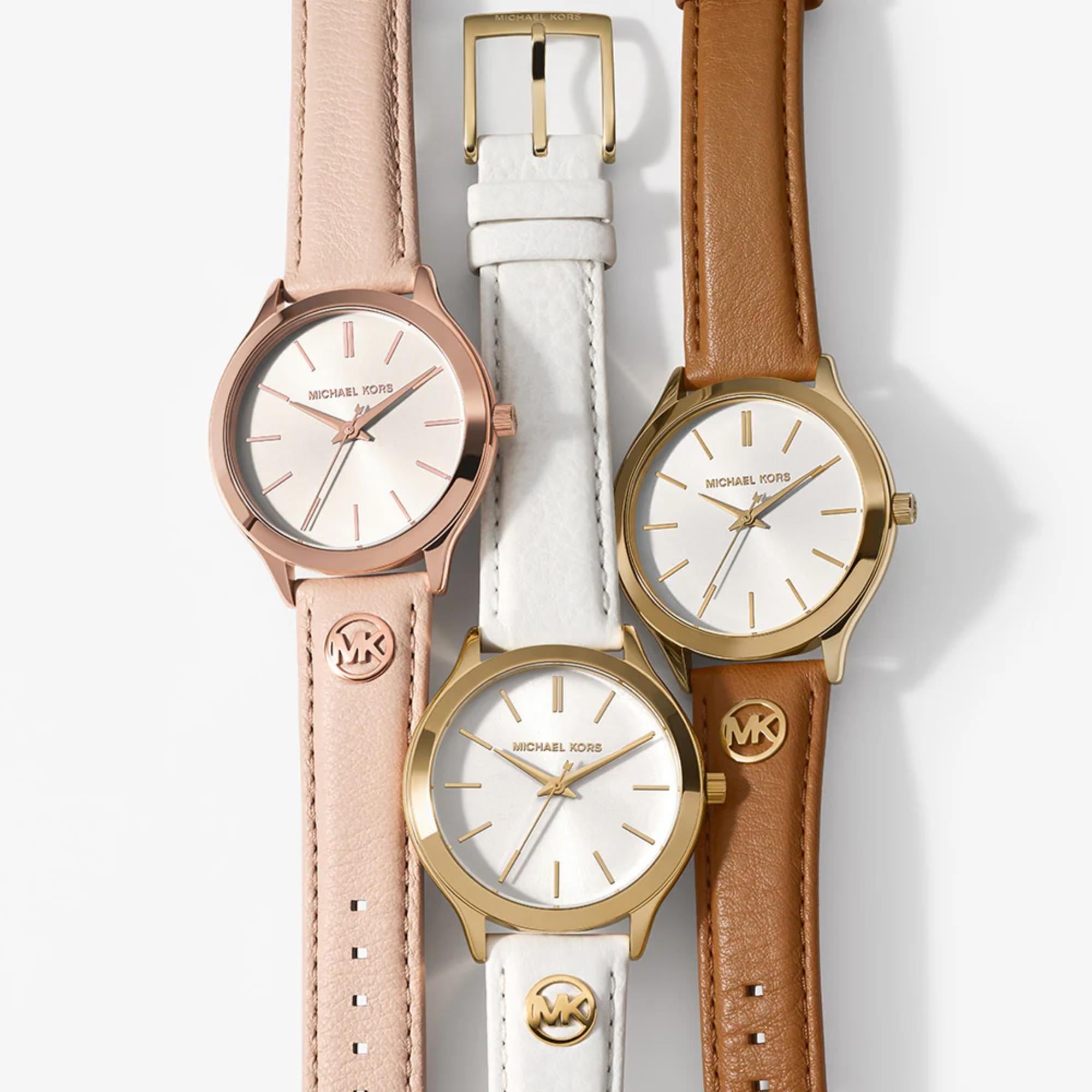 Michael Kors Slim Runway 38mm White Sunray Dial Leather Ladies Quartz Watch MK7543