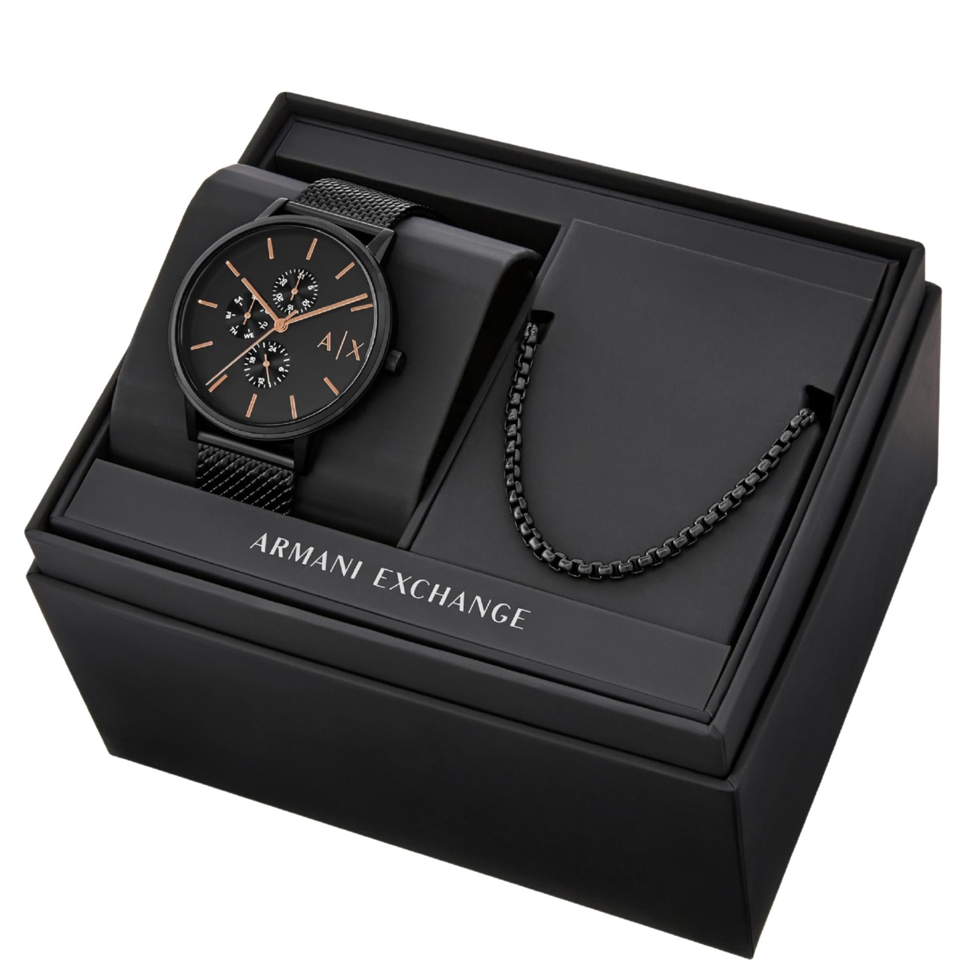 Armani Exchange Cayde 42mm Chronograph Black Dial Steel Mens Quartz Watch AX7162SET