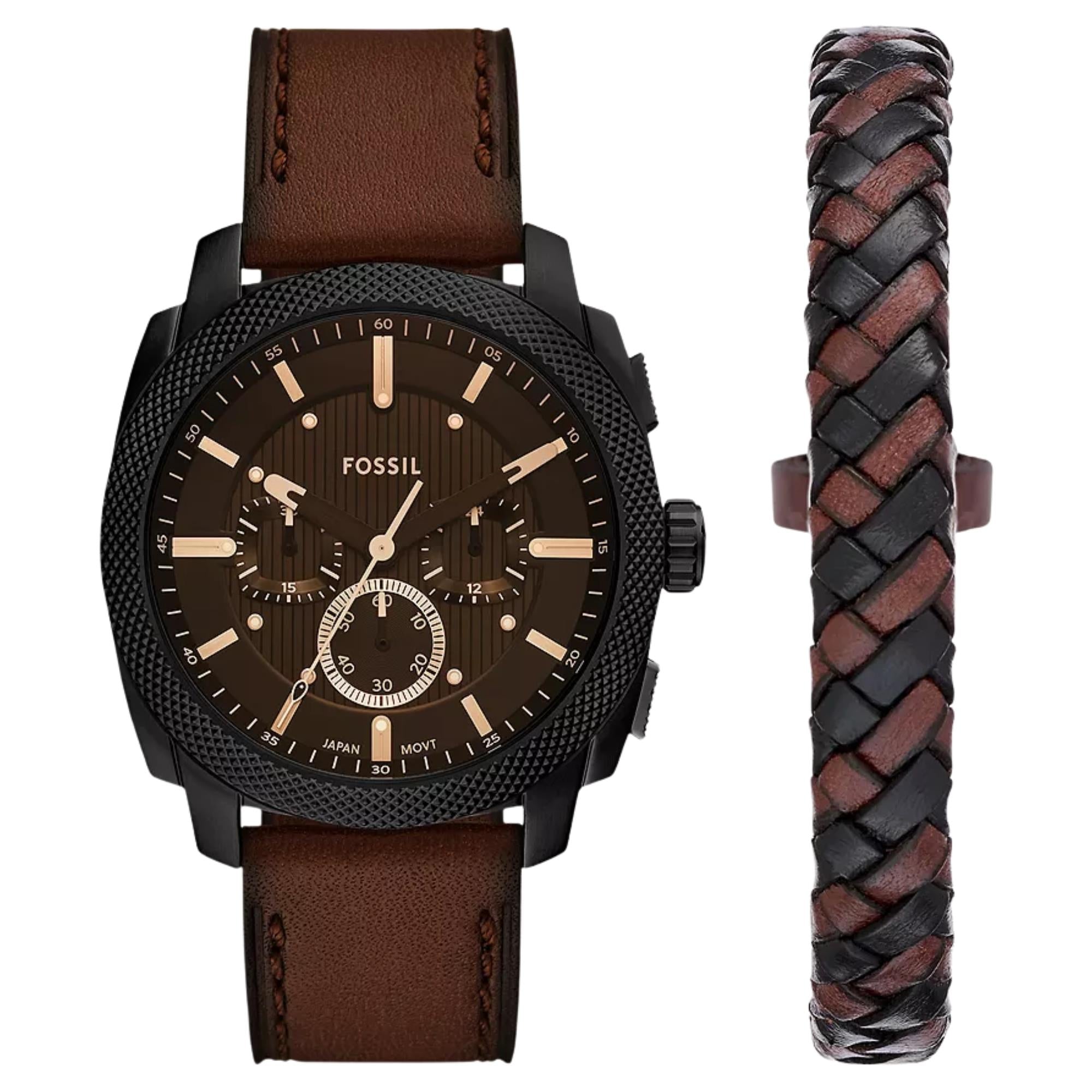 Fossil Machine 44mm Chronograph Black Dial Leather Mens Quartz Watch FS6102SET
