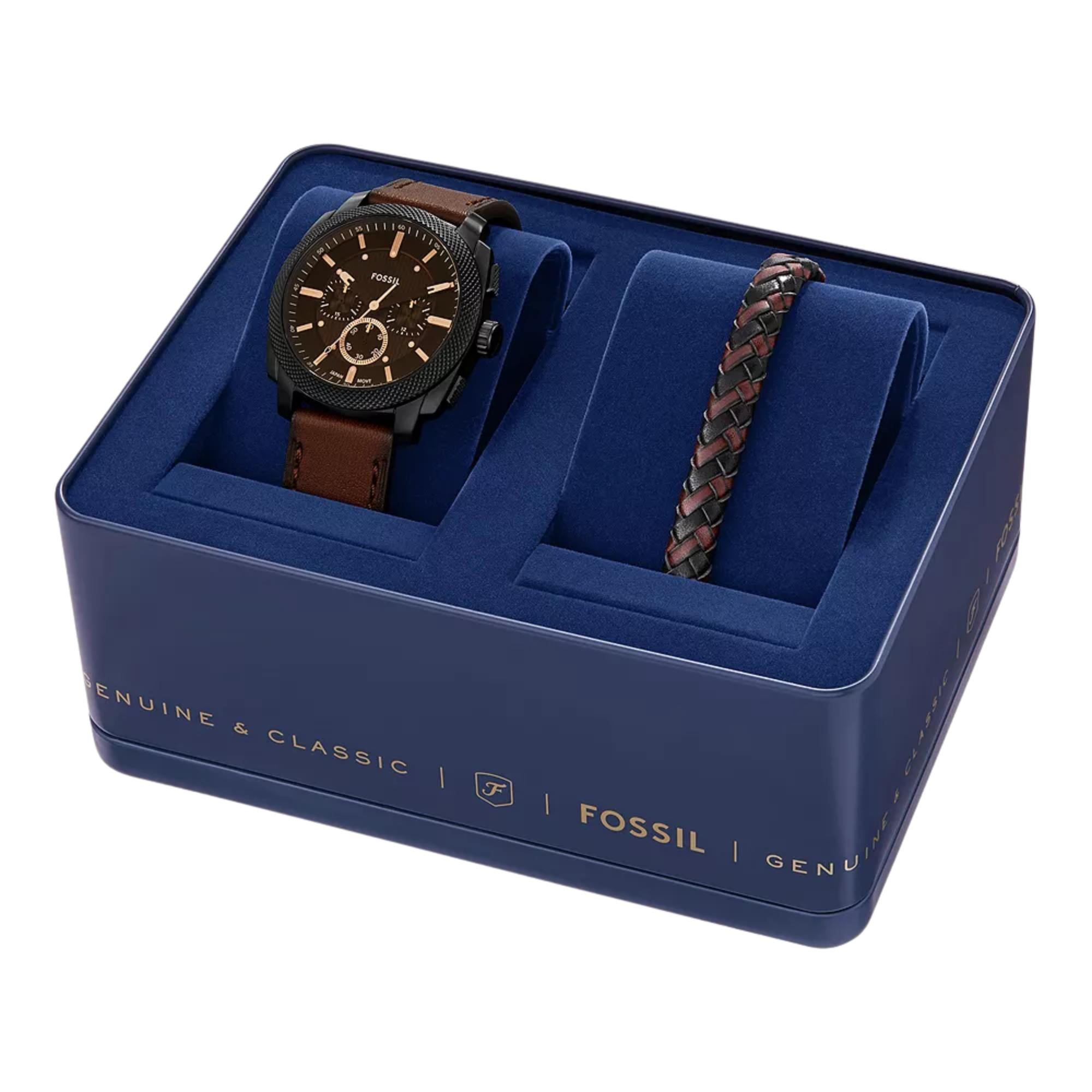 Fossil Machine 44mm Chronograph Black Dial Leather Mens Quartz Watch FS6102SET