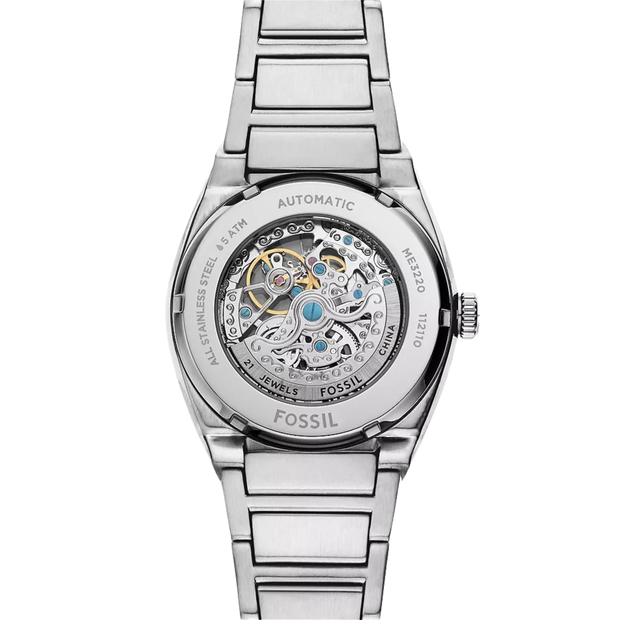 Fossil Everett 42mm Skeleton Blue Dial Steel Mens Automatic Watch ME3220