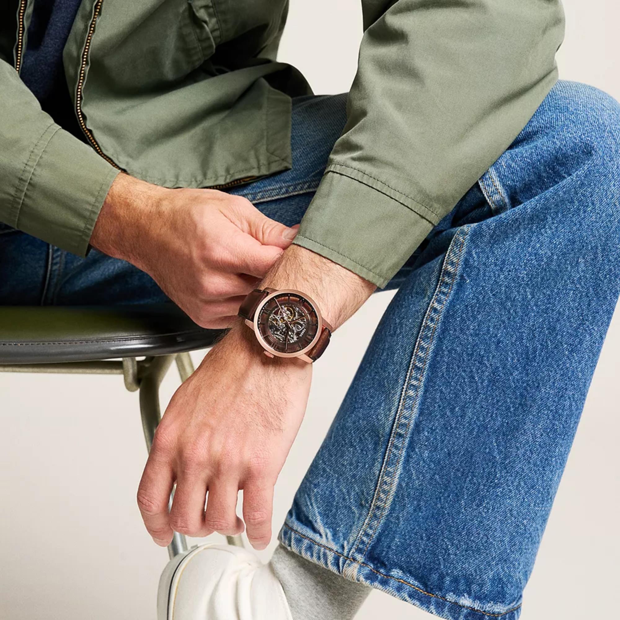 Fossil Townsman 44mm Skeleton Brown Dial Leather Mens Automatic Watch ME3259