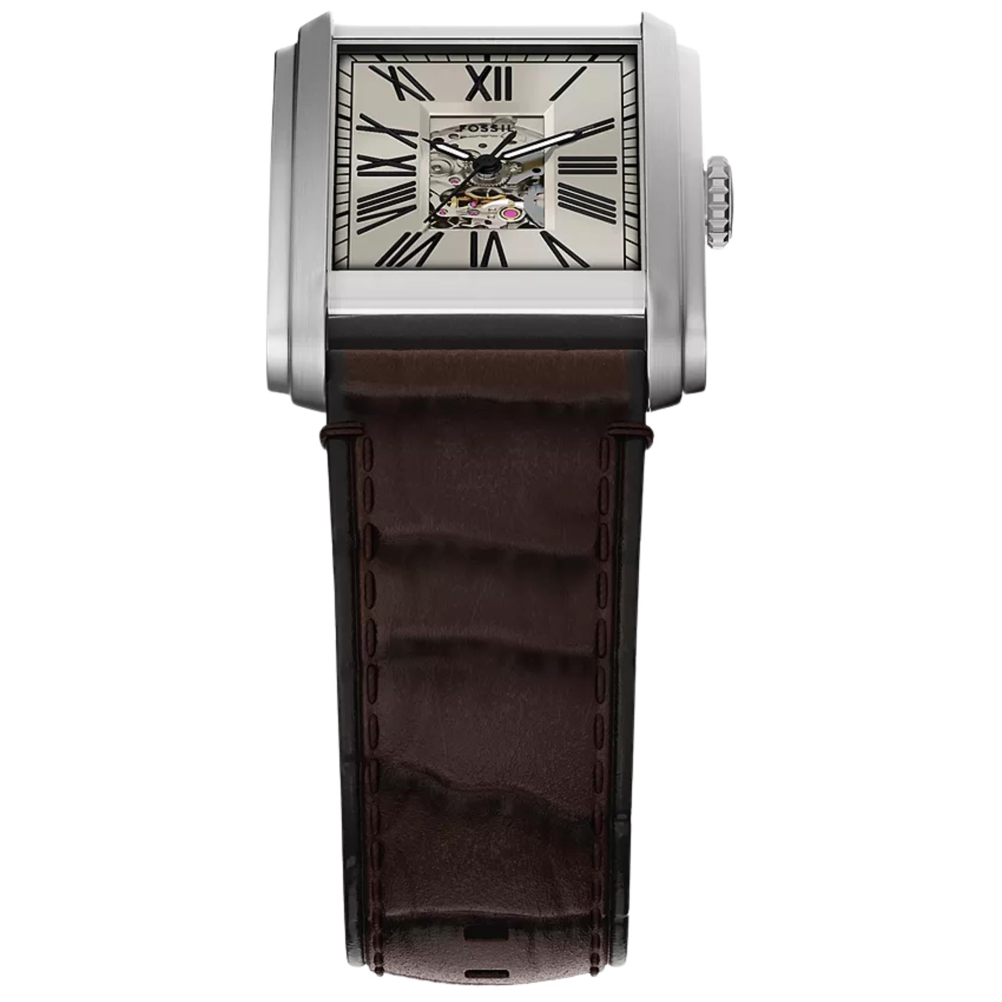 Fossil Carraway 30mm Open Heart Beige Dial Leather Mens Automatic Watch ME3272