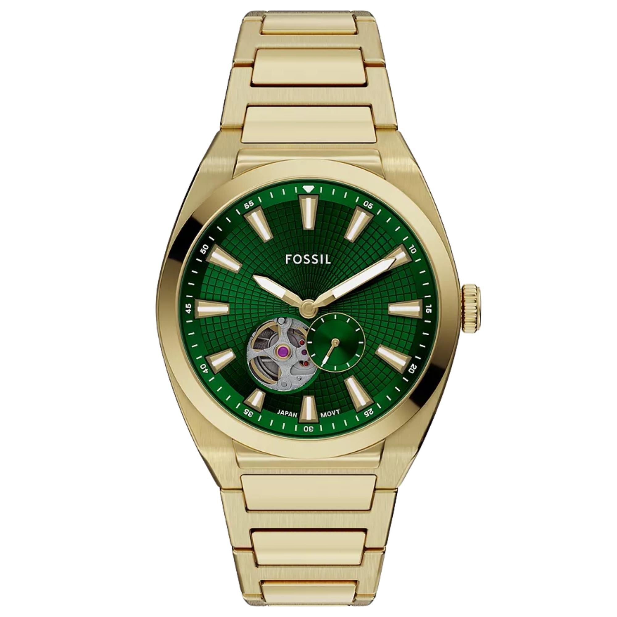Fossil Everett 42mm Open Heart Green Dial Steel Mens Automatic Watch ME3276