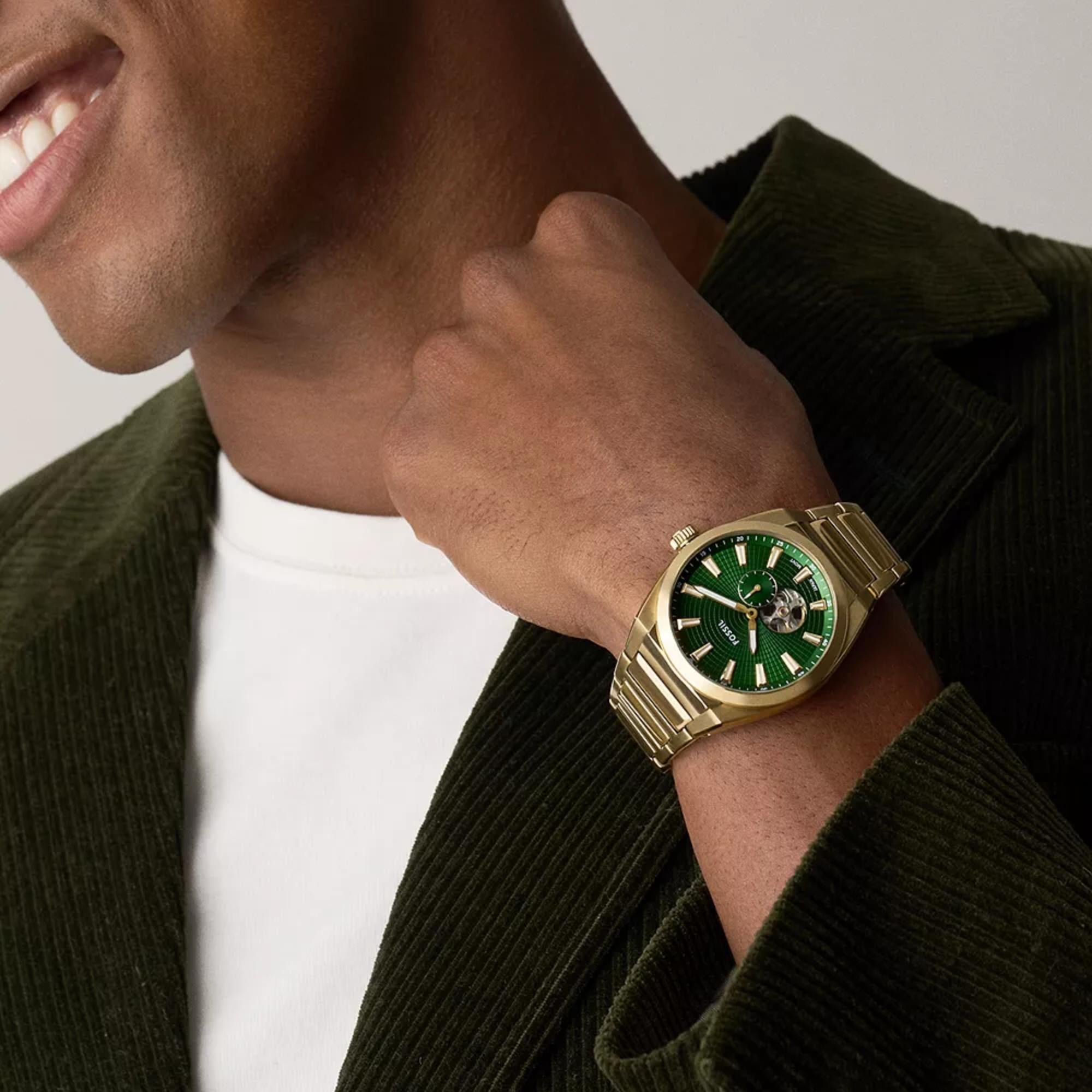 Fossil Everett 42mm Open Heart Green Dial Steel Mens Automatic Watch ME3276