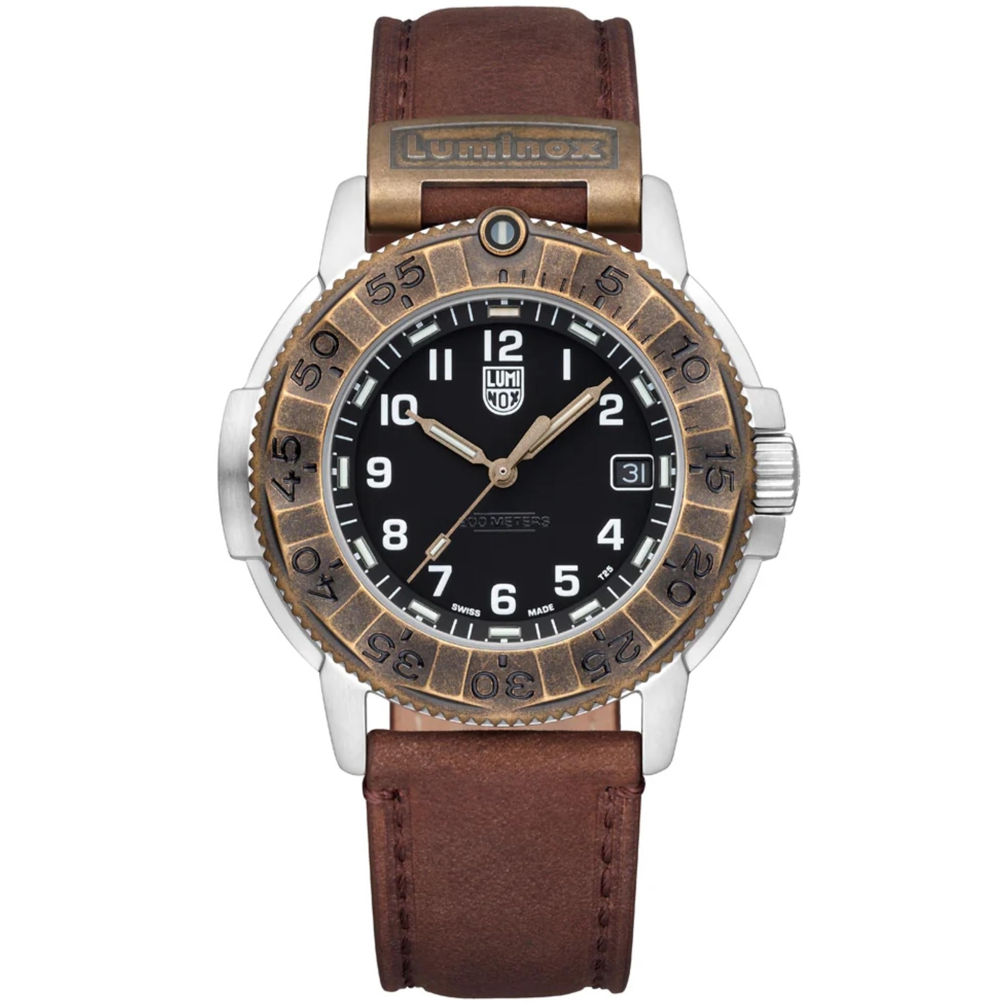 Front view of Luminox Adventure watch XL.1301.LG with a stainless steel case, bronze-tone bezel, black dial, and brown leather strap.