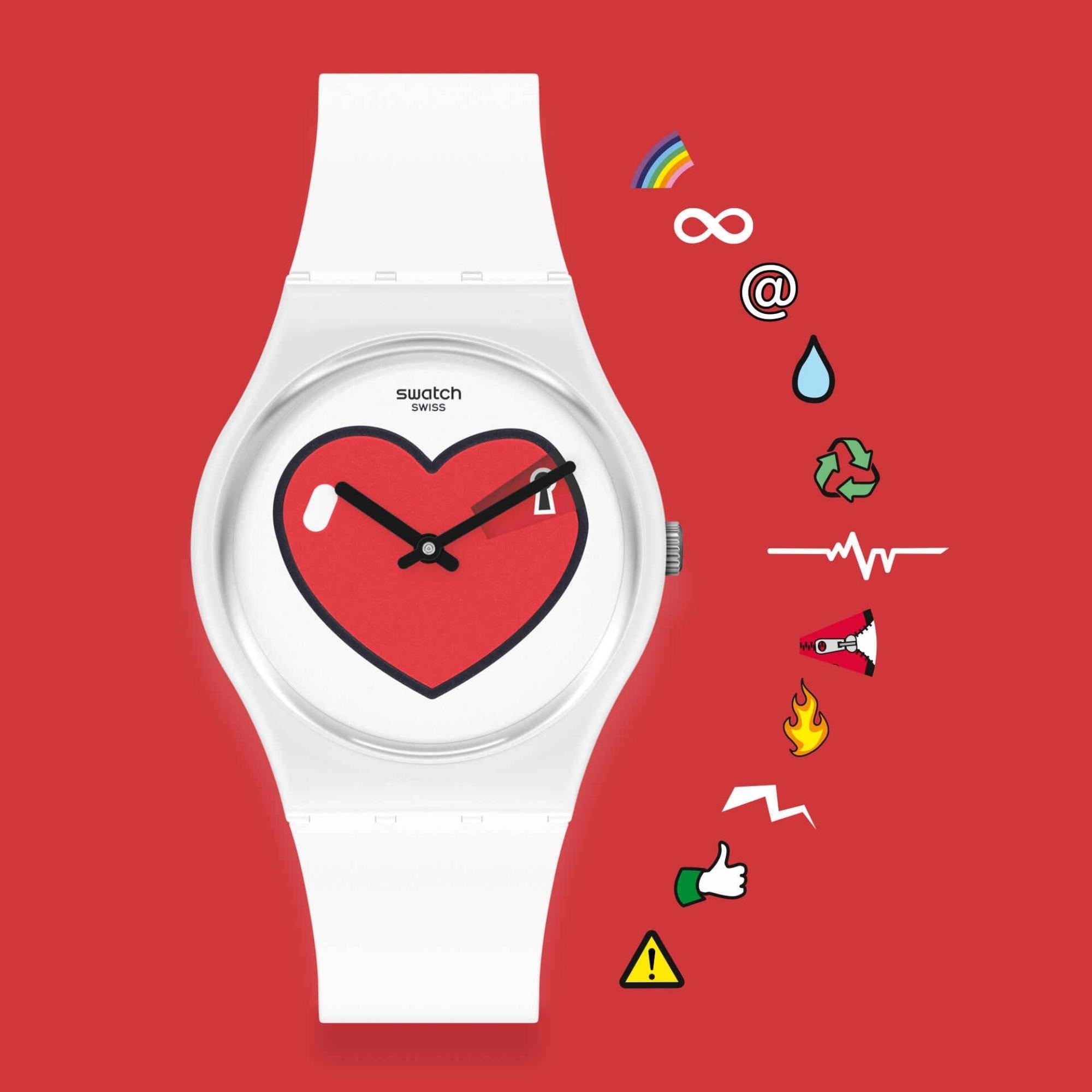 Swatch Originals 34mm LOVE O'CLOCK White Dial Silicone Quartz Watch GW718
