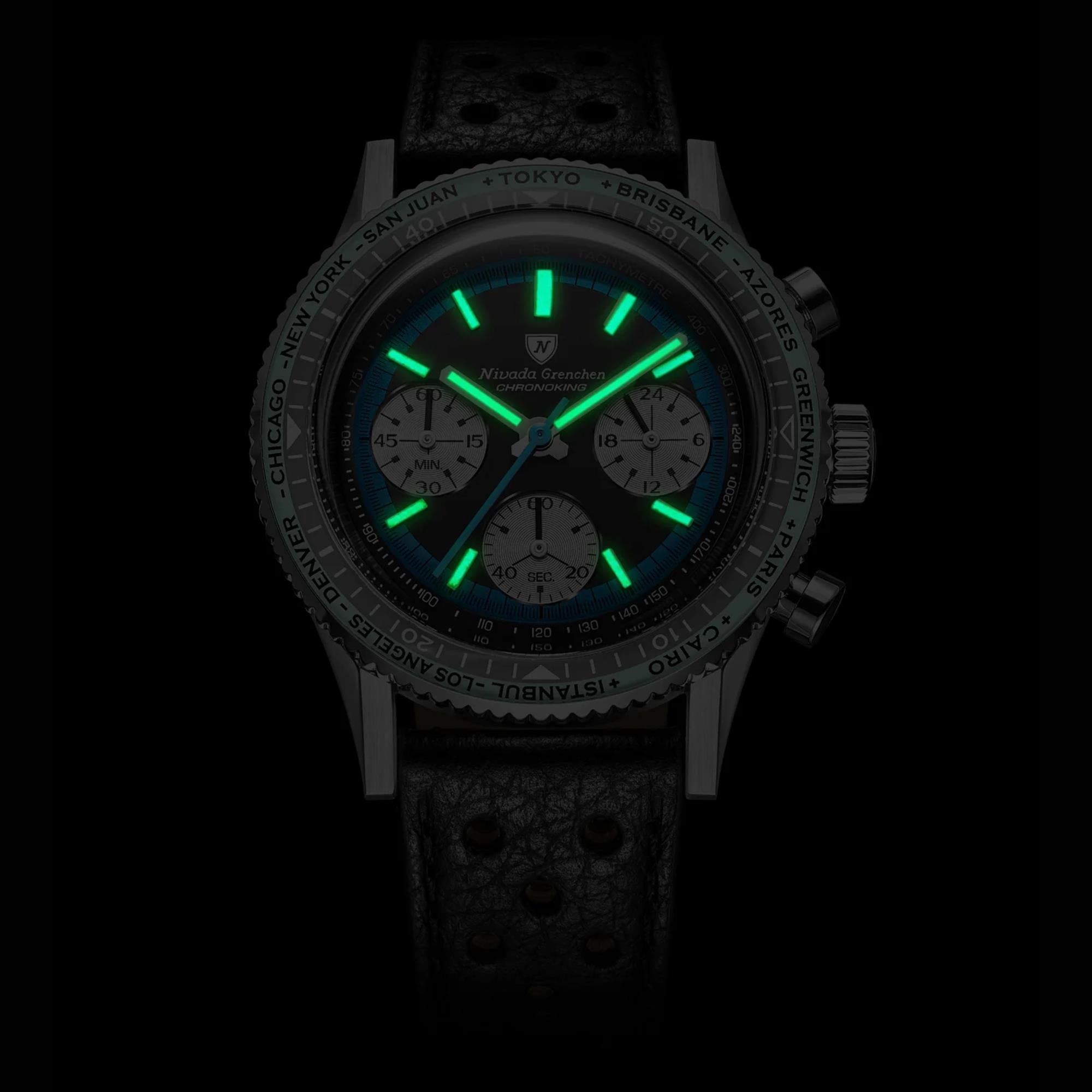 Nivada Grenchen Chronoking 38mm Chronograph Black Dial Leather Mens Mecaquartz Watch 87053Q10