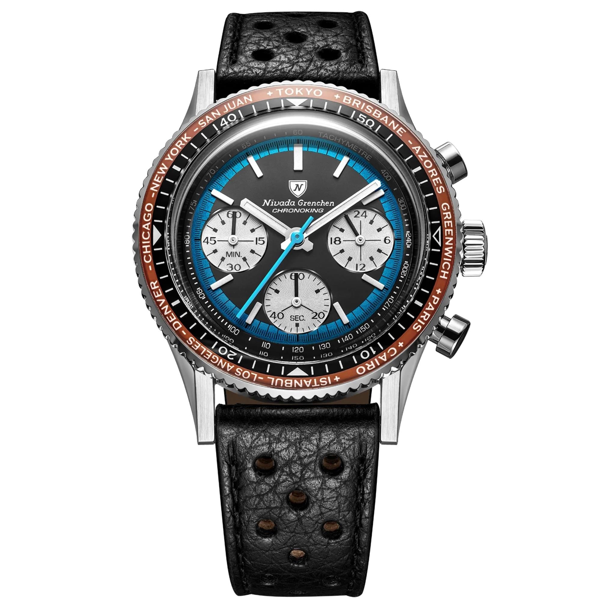 Nivada Grenchen Chronoking 38mm Chronograph Black Dial Leather Mens Mecaquartz Watch 87053Q10