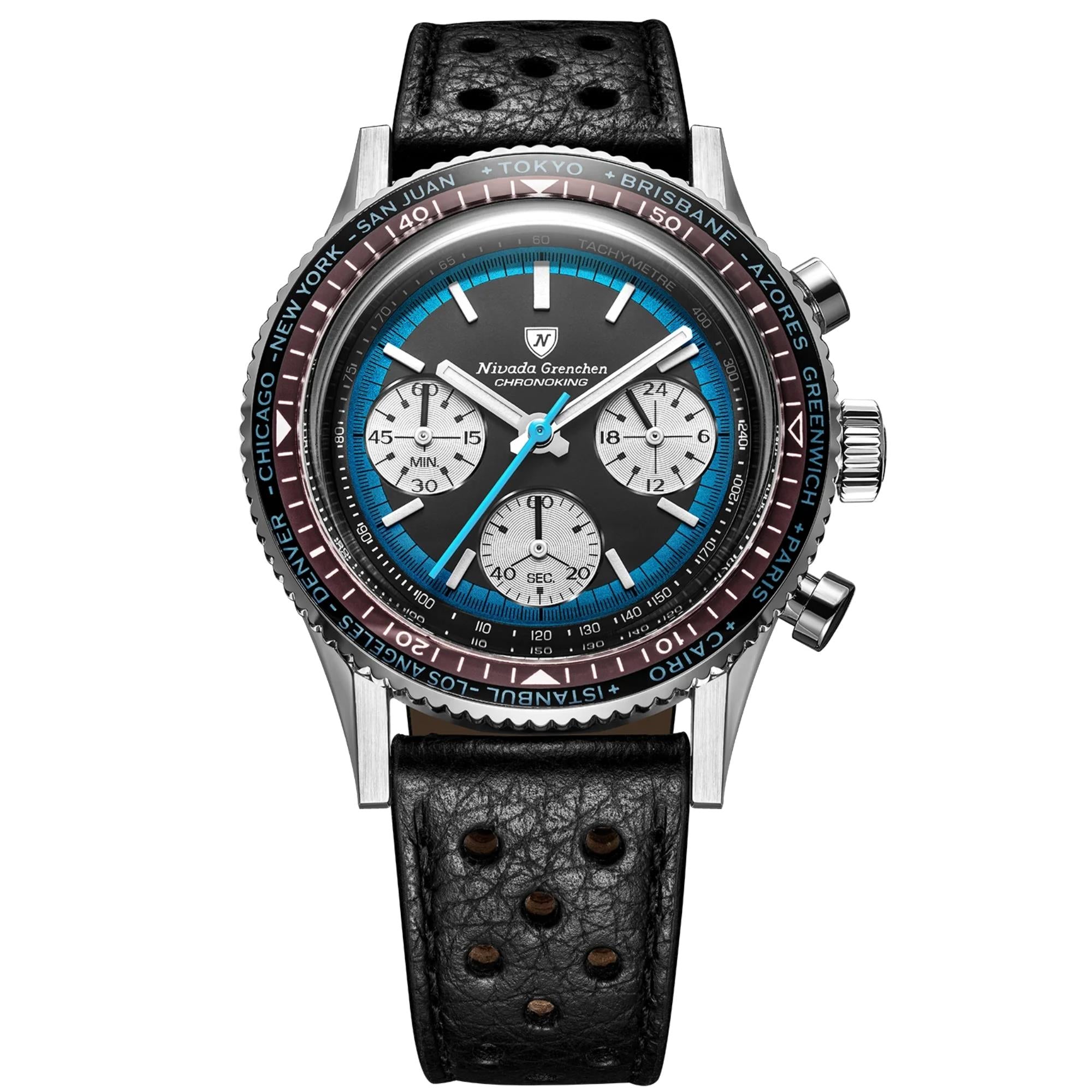 Nivada Grenchen Chronoking 38mm Chronograph Black Dial Leather Mens Mecaquartz Watch 87053Q10