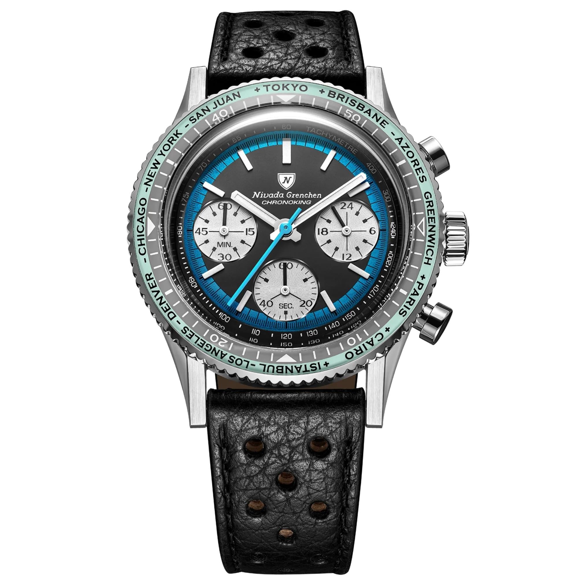 Nivada Grenchen Chronoking 38mm Chronograph Black Dial Leather Mens Mecaquartz Watch 87053Q10