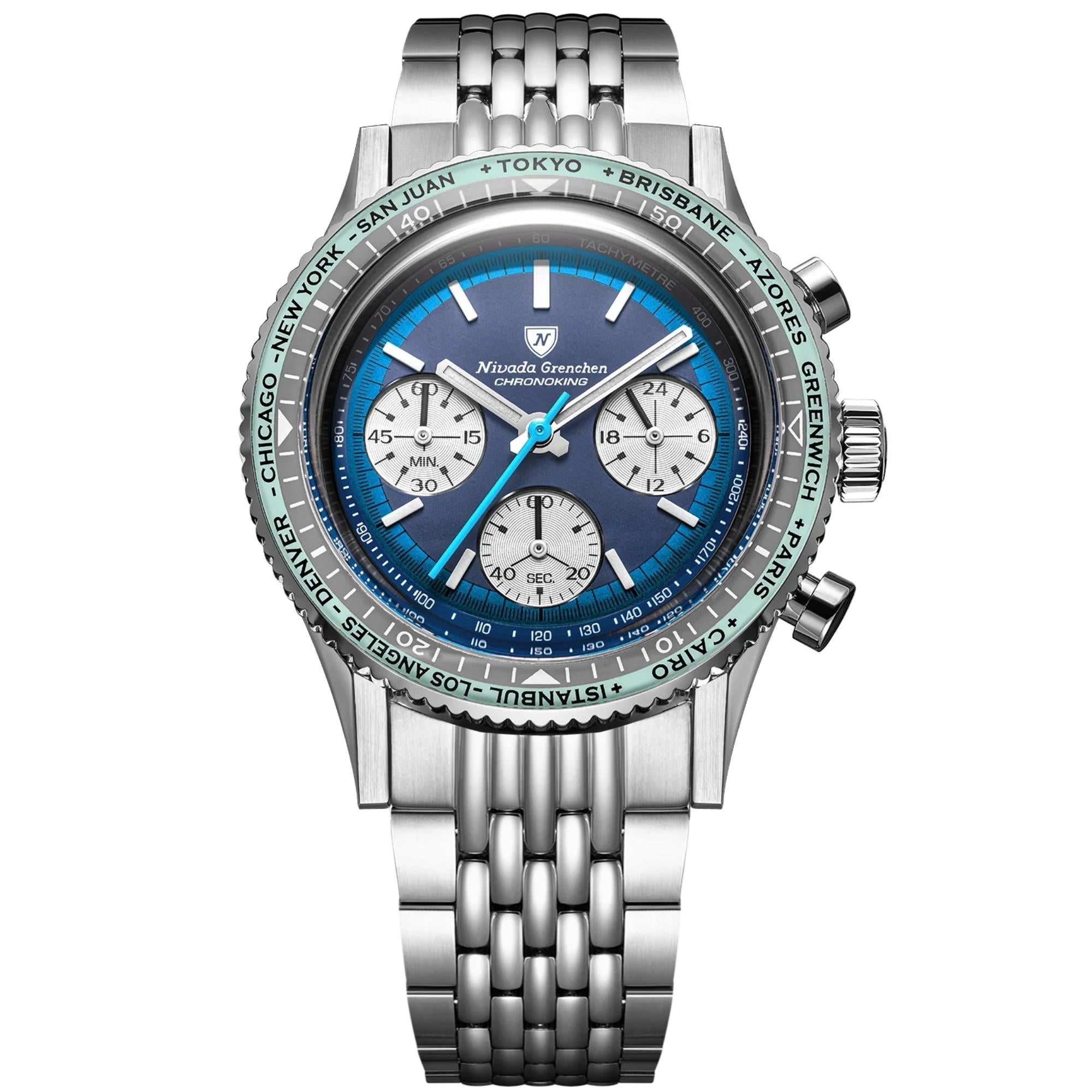 Nivada Grenchen Chronoking 38mm Chronograph Blue Dial Steel Mens Mecaquartz Watch 87054Q04