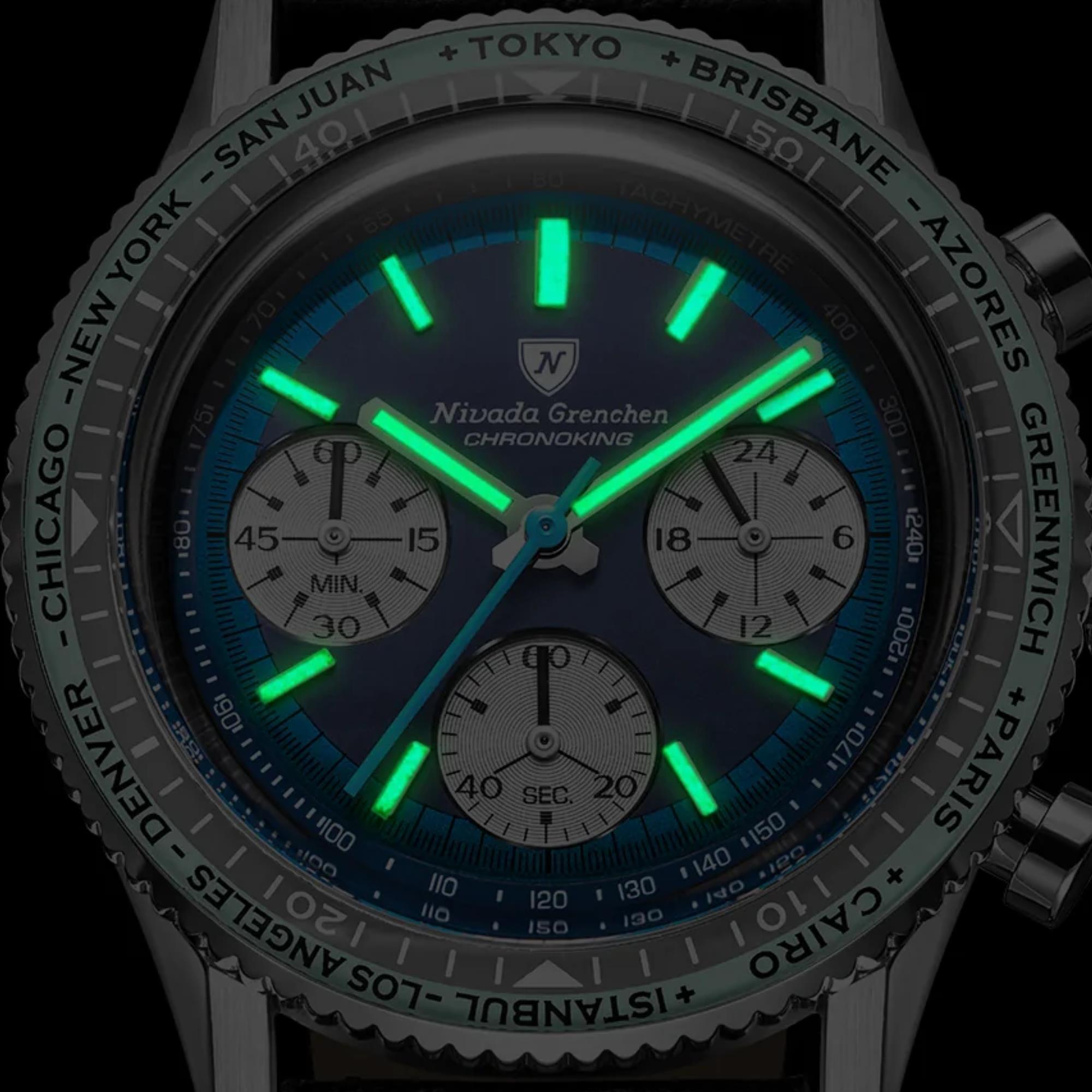 Nivada Grenchen Chronoking 38mm Chronograph Blue Dial Steel Mens Mecaquartz Watch 87054Q04