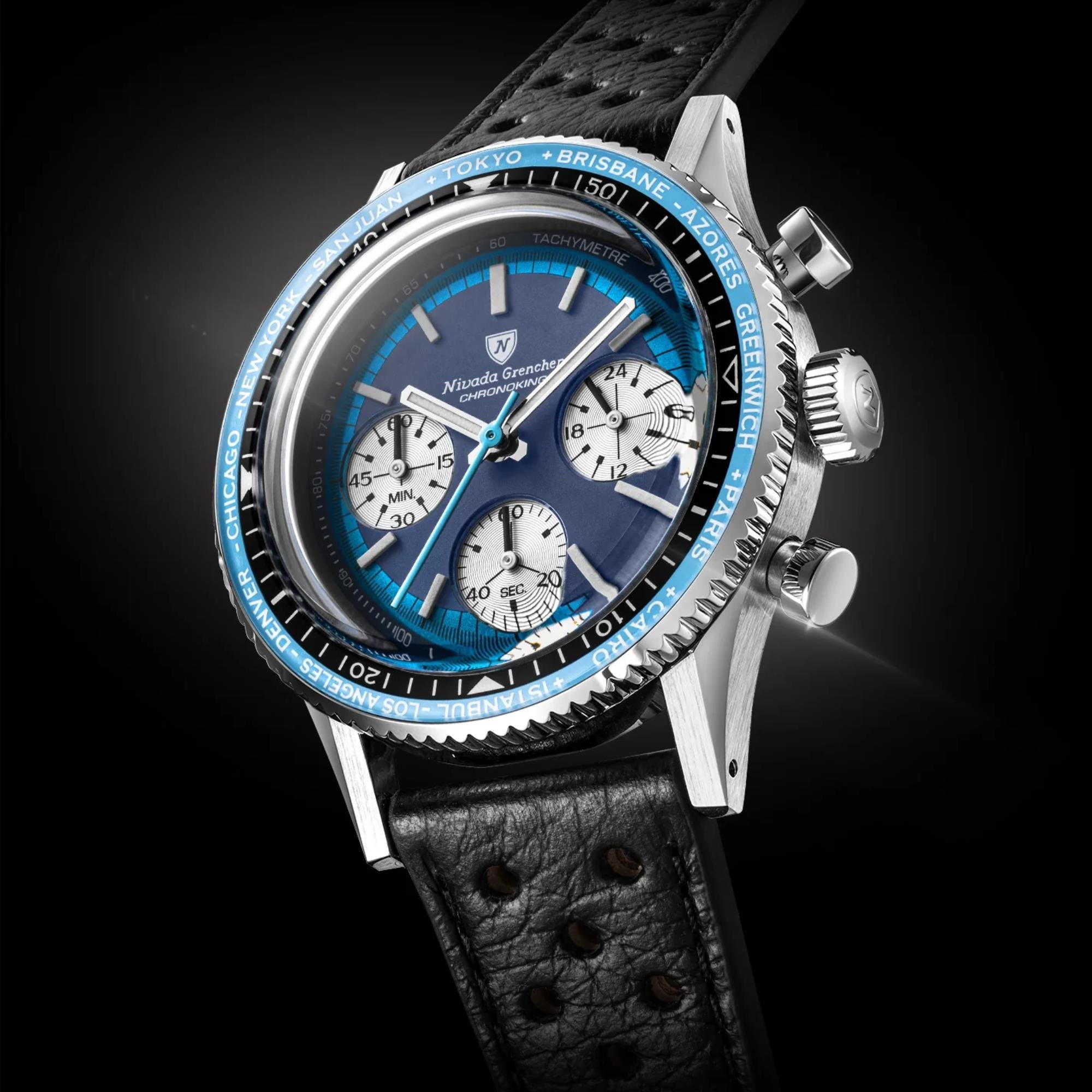 Nivada Grenchen Chronoking 38mm Chronograph Blue Dial Leather Mens Mecaquartz Watch 87054Q10