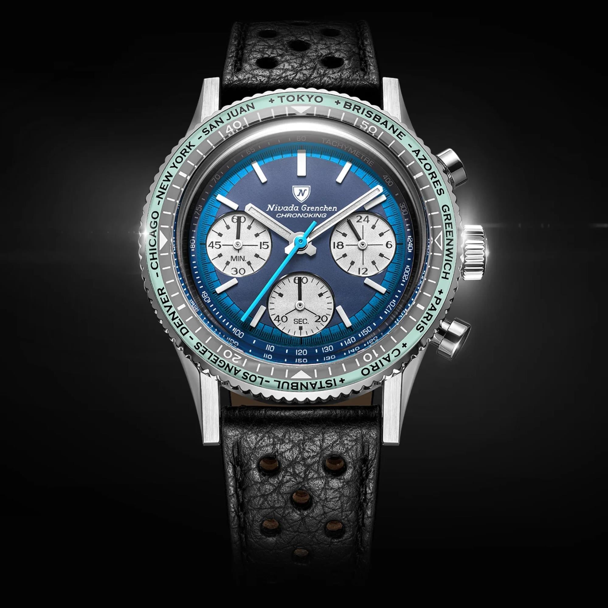 Nivada Grenchen Chronoking 38mm Chronograph Blue Dial Leather Mens Mecaquartz Watch 87054Q10