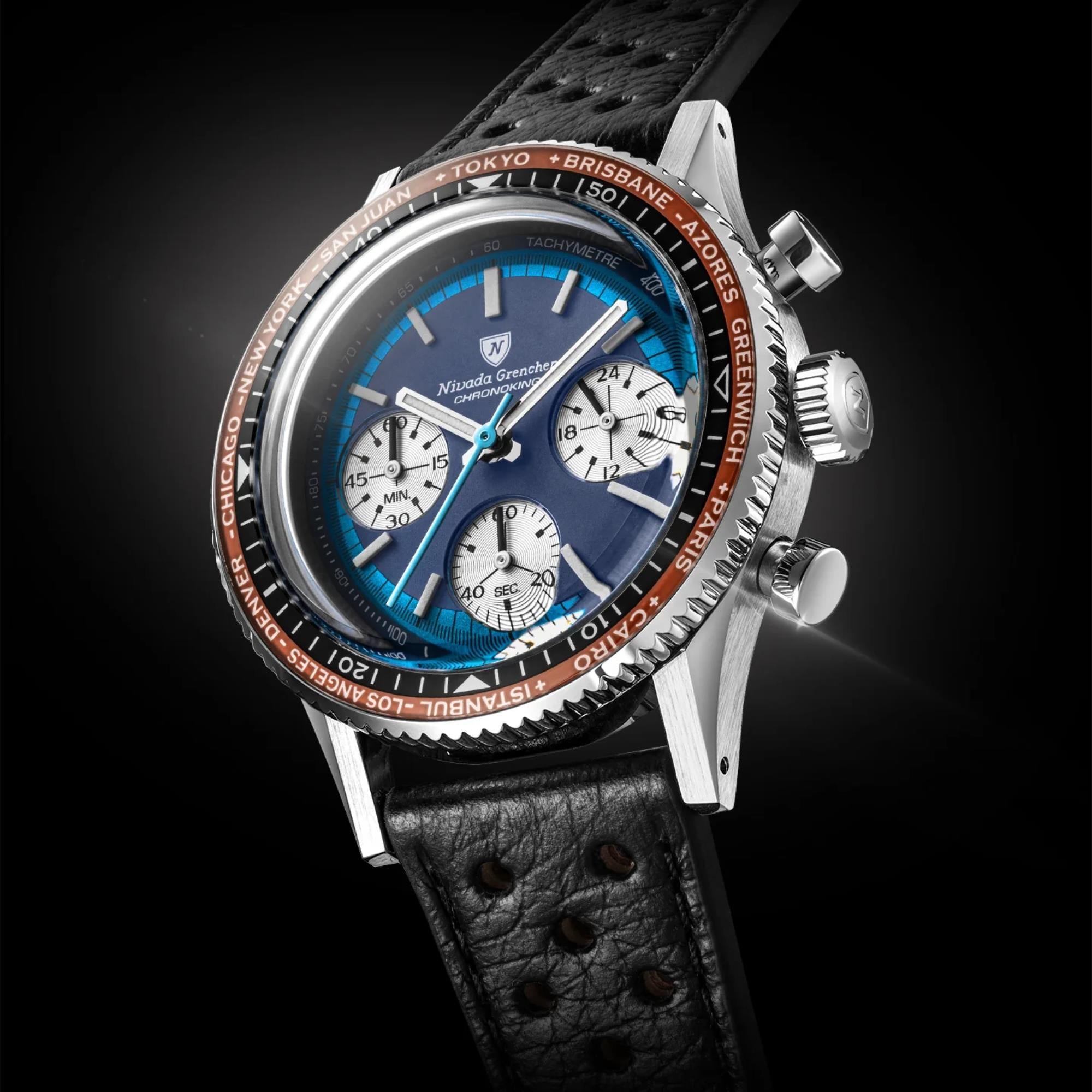 Nivada Grenchen Chronoking 38mm Chronograph Blue Dial Leather Mens Mecaquartz Watch 87054Q10