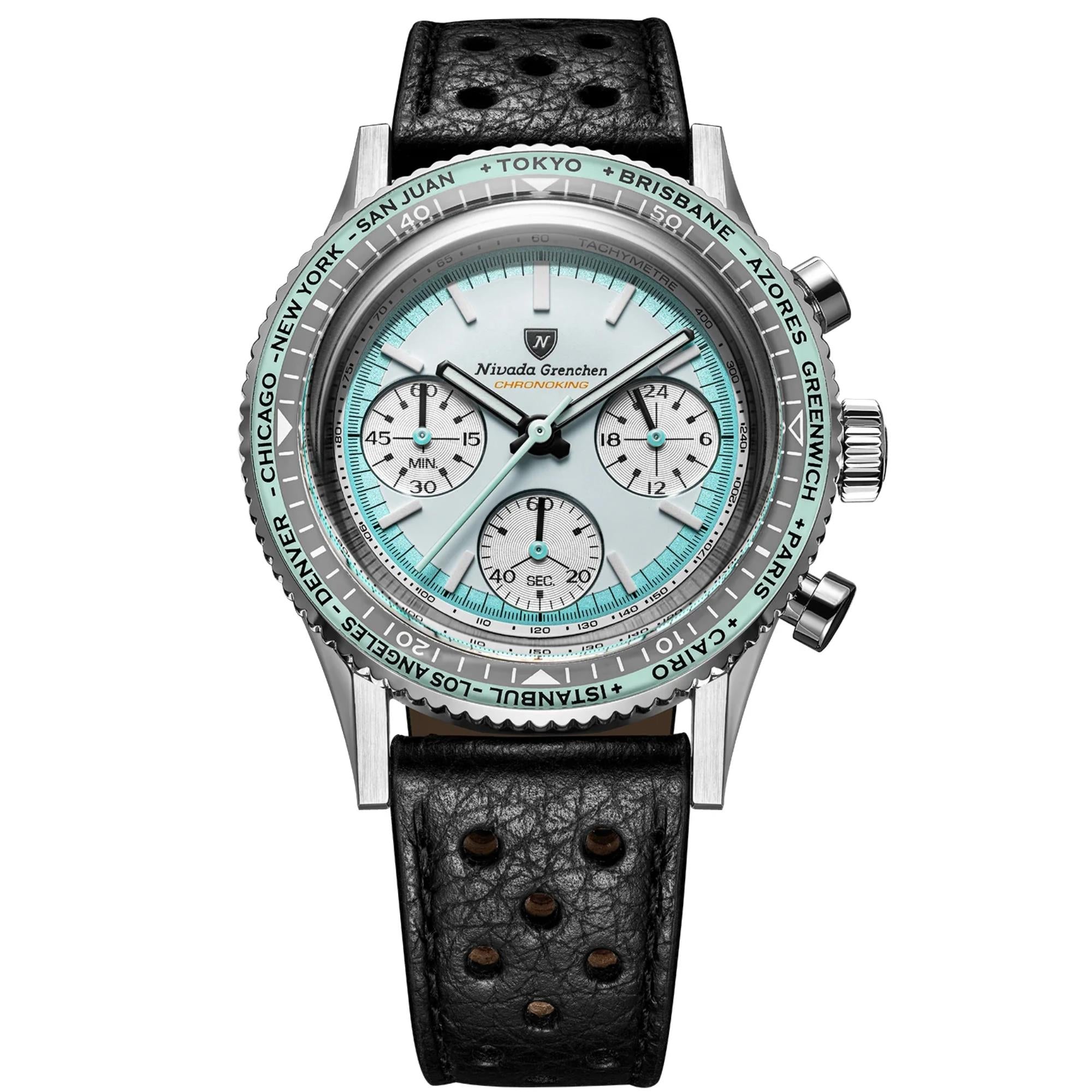 Nivada Grenchen Chronoking 38mm White Dial Leather Mens Watch 87056Q10