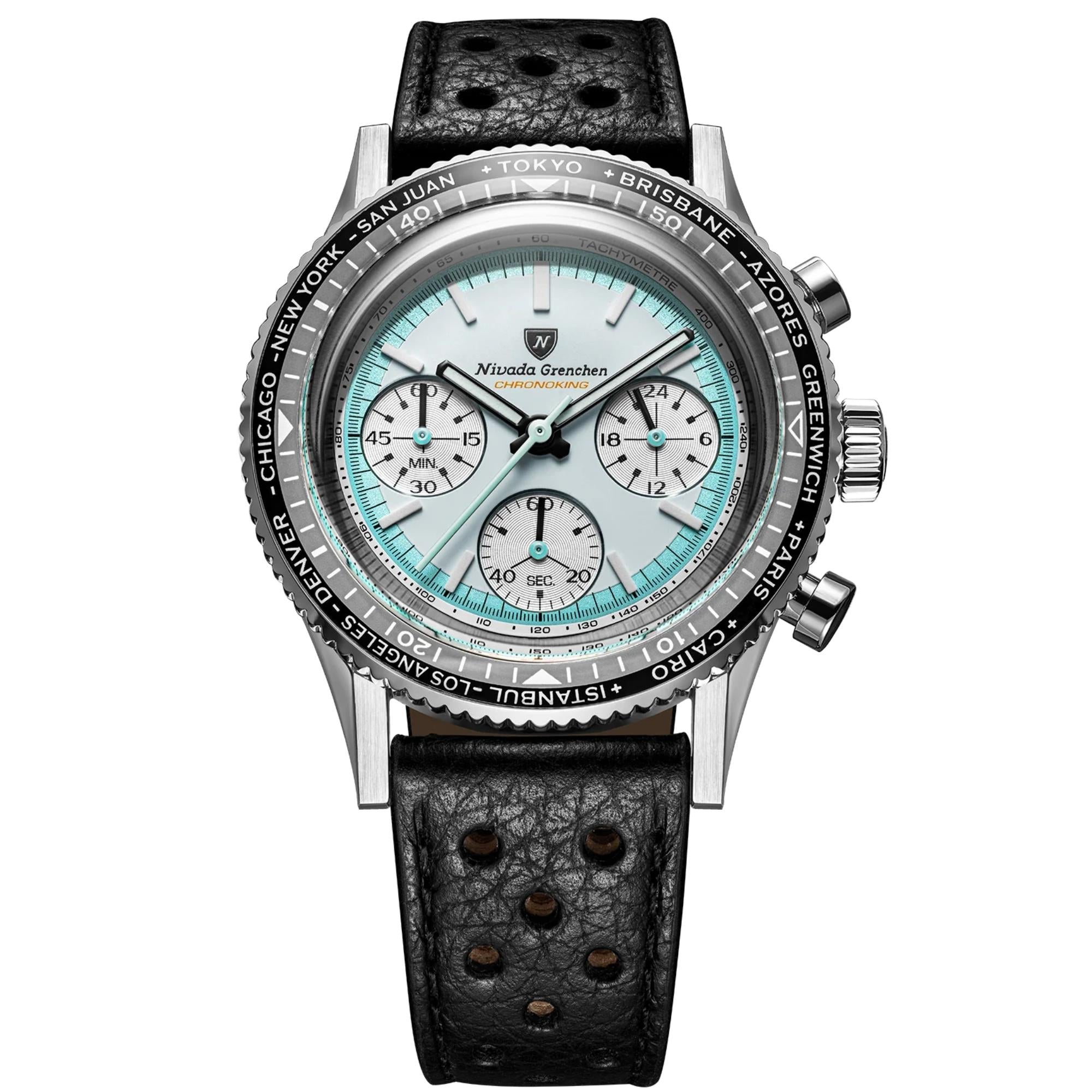 Nivada Grenchen Chronoking 38mm Chronograph White Dial Leather Mens Mecaquartz Watch 87056Q10
