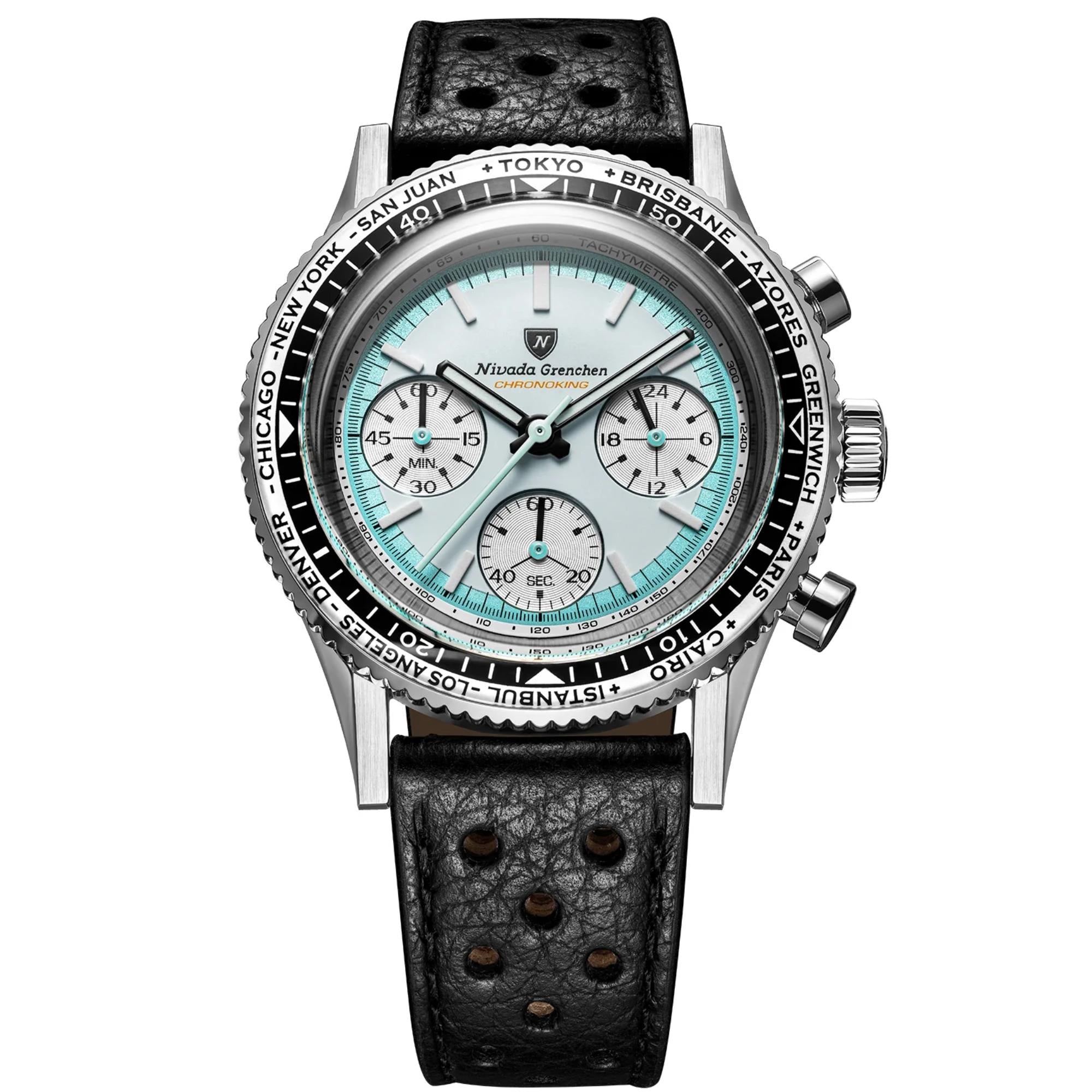 Nivada Grenchen Chronoking 38mm Chronograph White Dial Leather Mens Mecaquartz Watch 87056Q10