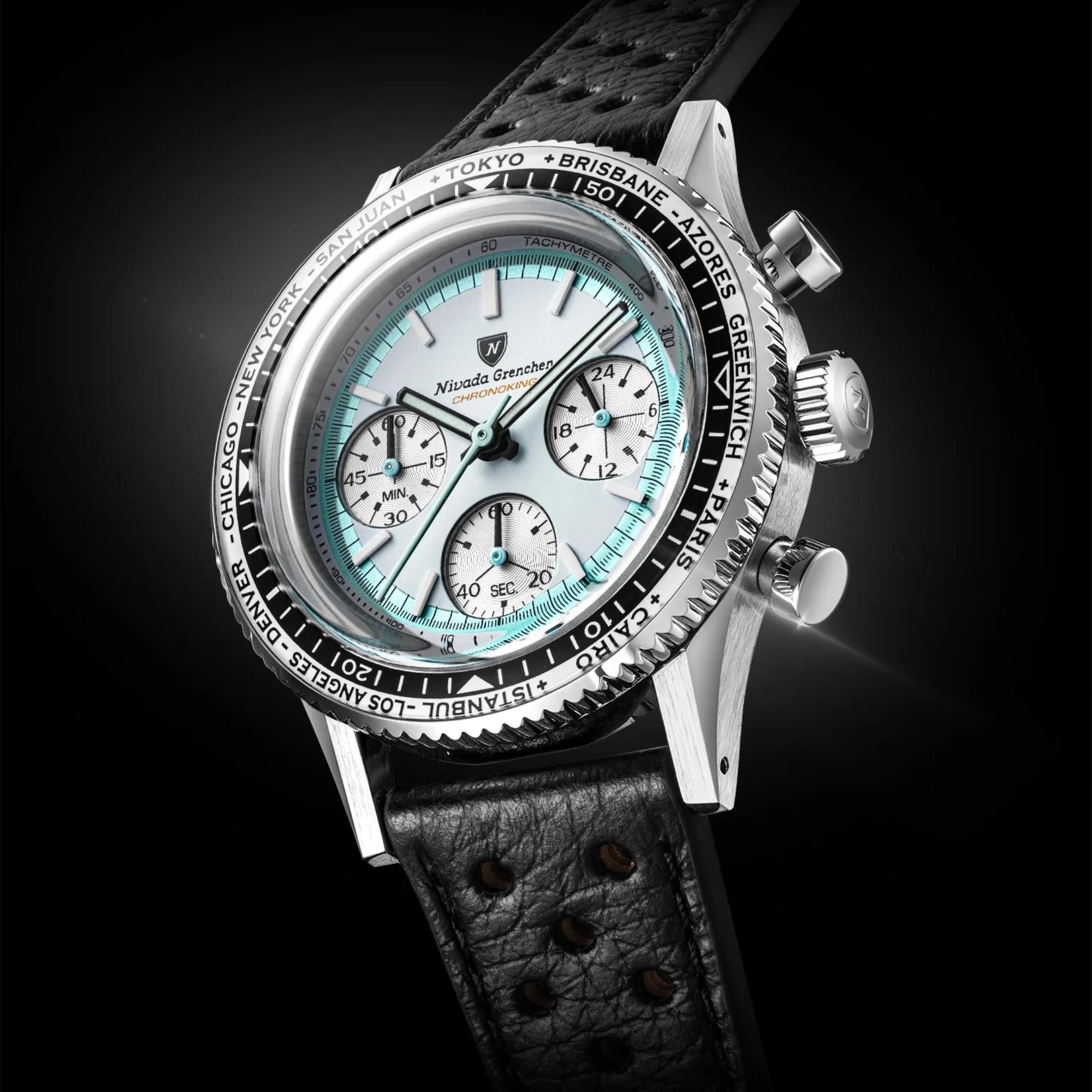 Nivada Grenchen Chronoking 38mm Chronograph White Dial Leather Mens Mecaquartz Watch 87056Q10