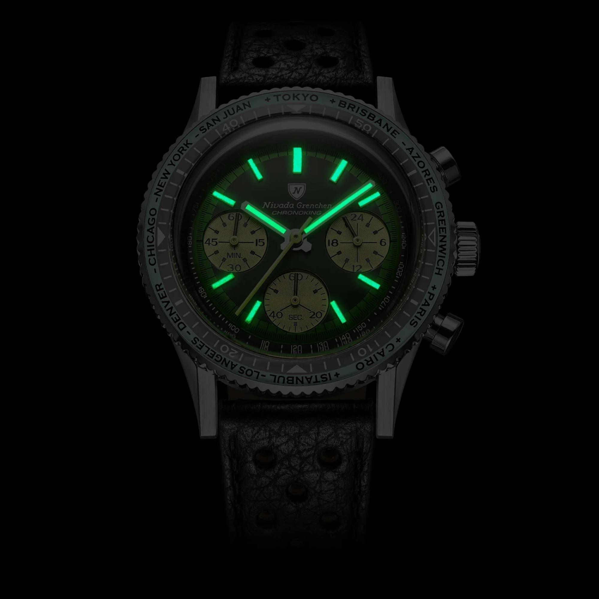 Nivada Grenchen Chronoking 38mm Chronograph Green Dial Leather Mens Mecaquartz Watch 87057Q10