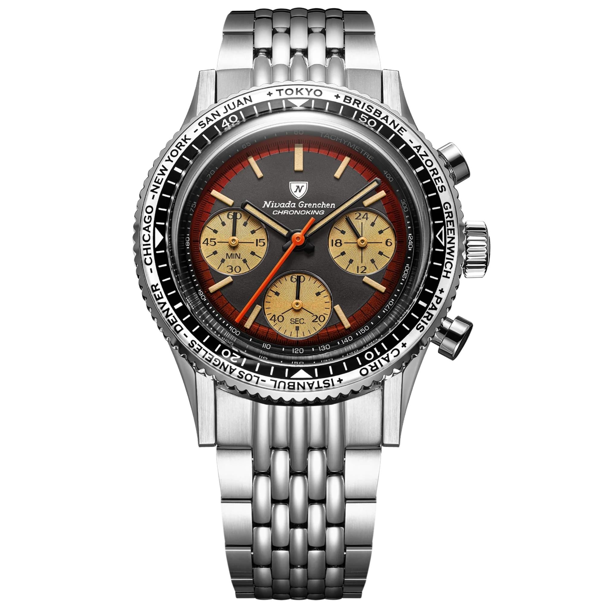 Nivada Grenchen Chronoking 38mm Chronograph Black Dial Steel Mens Mecaquartz Watch 87055Q04
