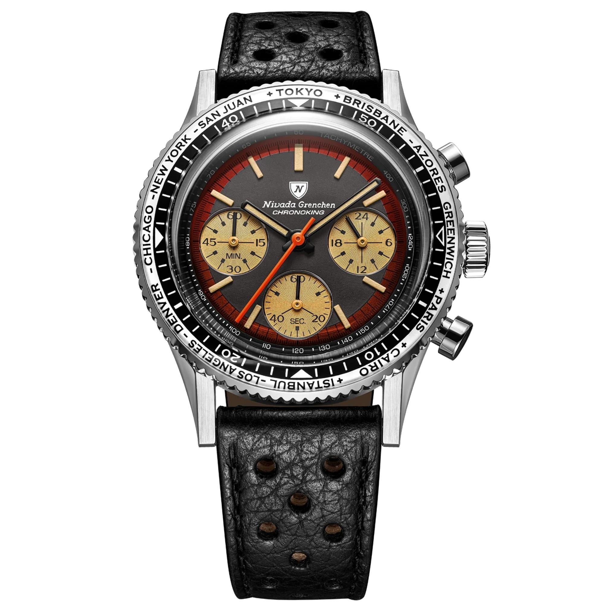 Nivada Grenchen Chronoking 38mm Black Dial Leather Mens Watch 87055Q10