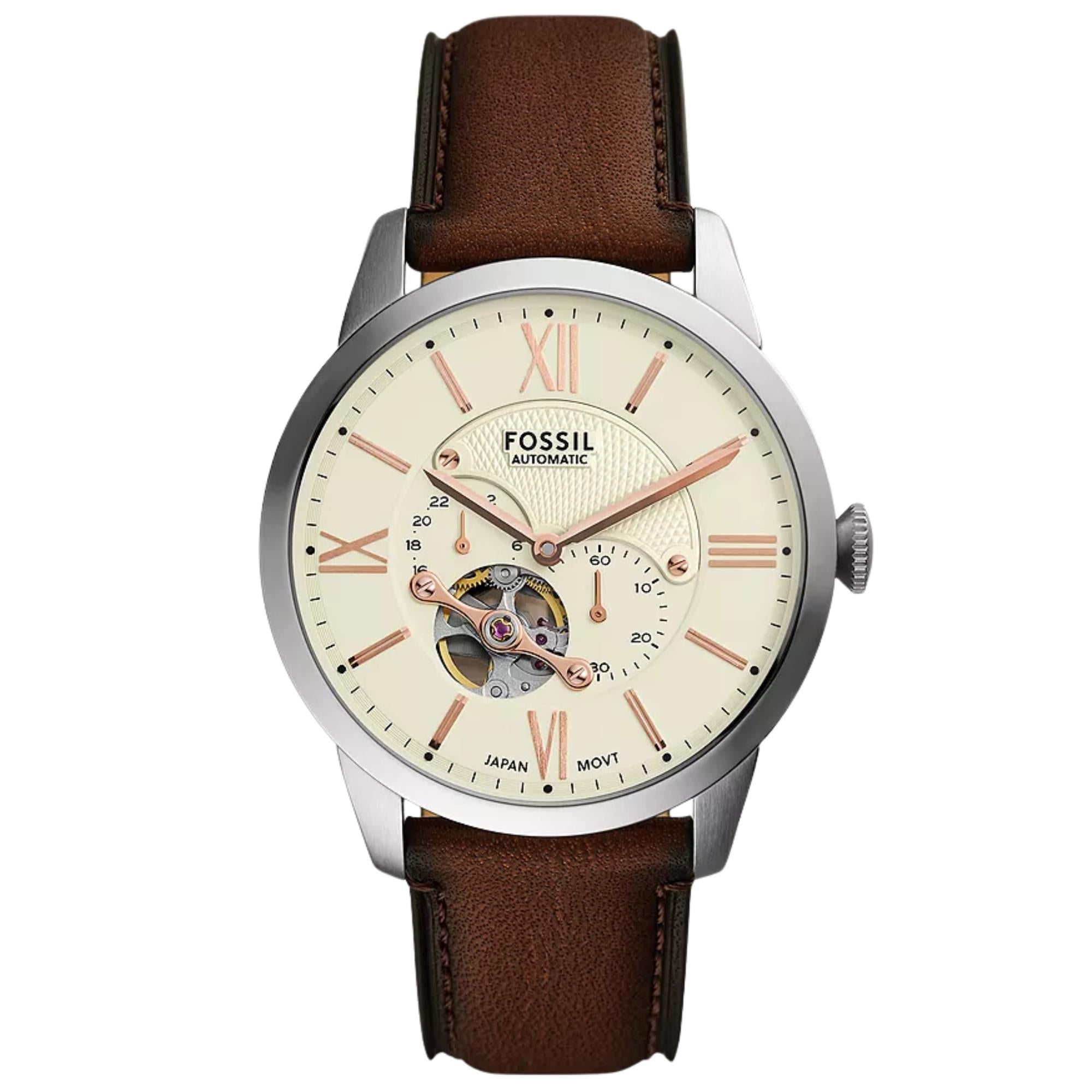 Fossil Townsman 44mm Open Heart Cream Dial Leather Mens Automatic Watch ME3266